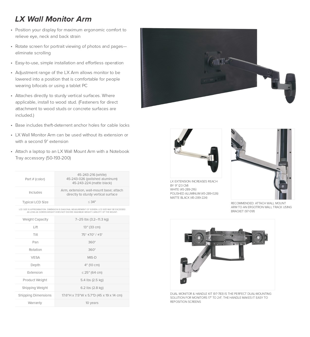 A large marketing image providing additional information about the product Ergotron LX Wall  Monitor Arm - Matte Black - Additional alt info not provided