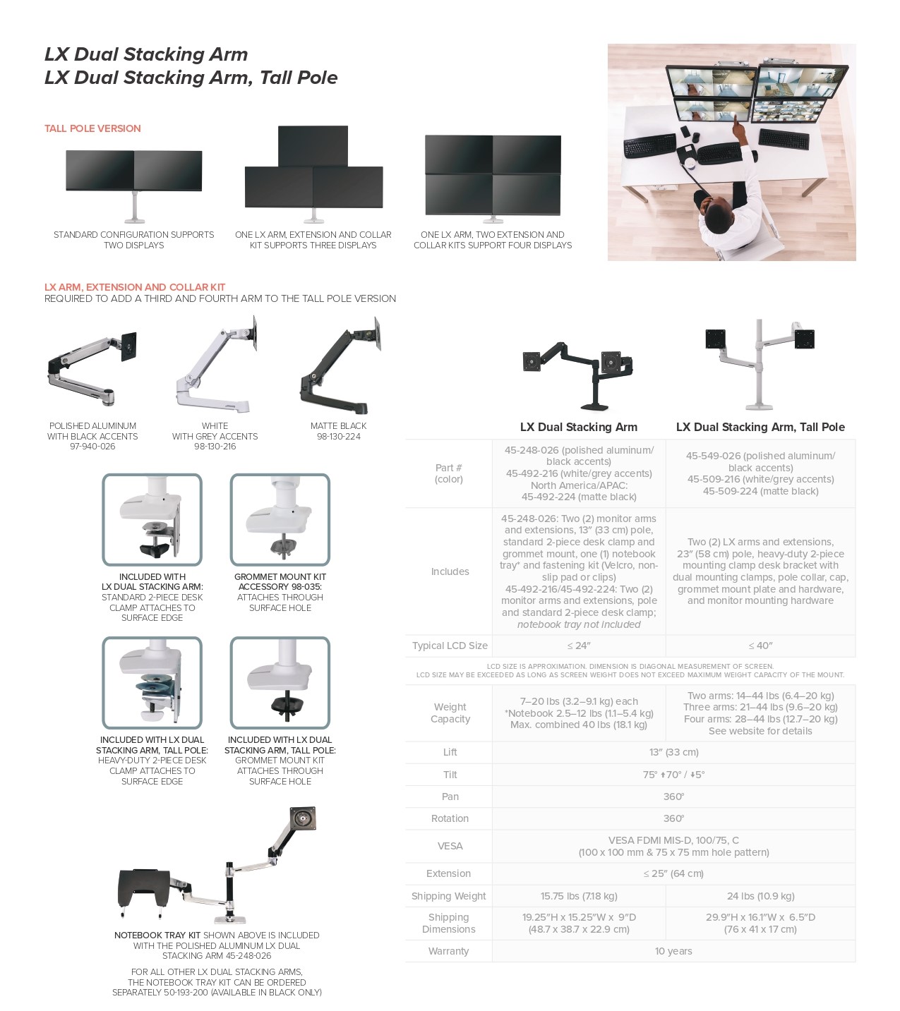A large marketing image providing additional information about the product Ergotron LX Dual Stacking Monitor Arm - Polished Aluminum - Additional alt info not provided