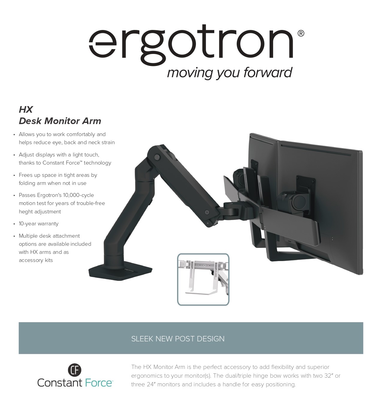 A large marketing image providing additional information about the product Ergotron HX Desk Dual Monitor Arm - White - Additional alt info not provided