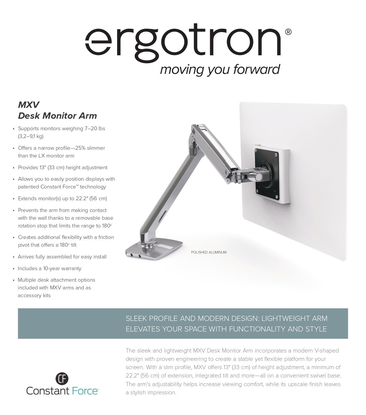 A large marketing image providing additional information about the product Ergotron MXV Desk Dual Monitor Arm - White - Additional alt info not provided