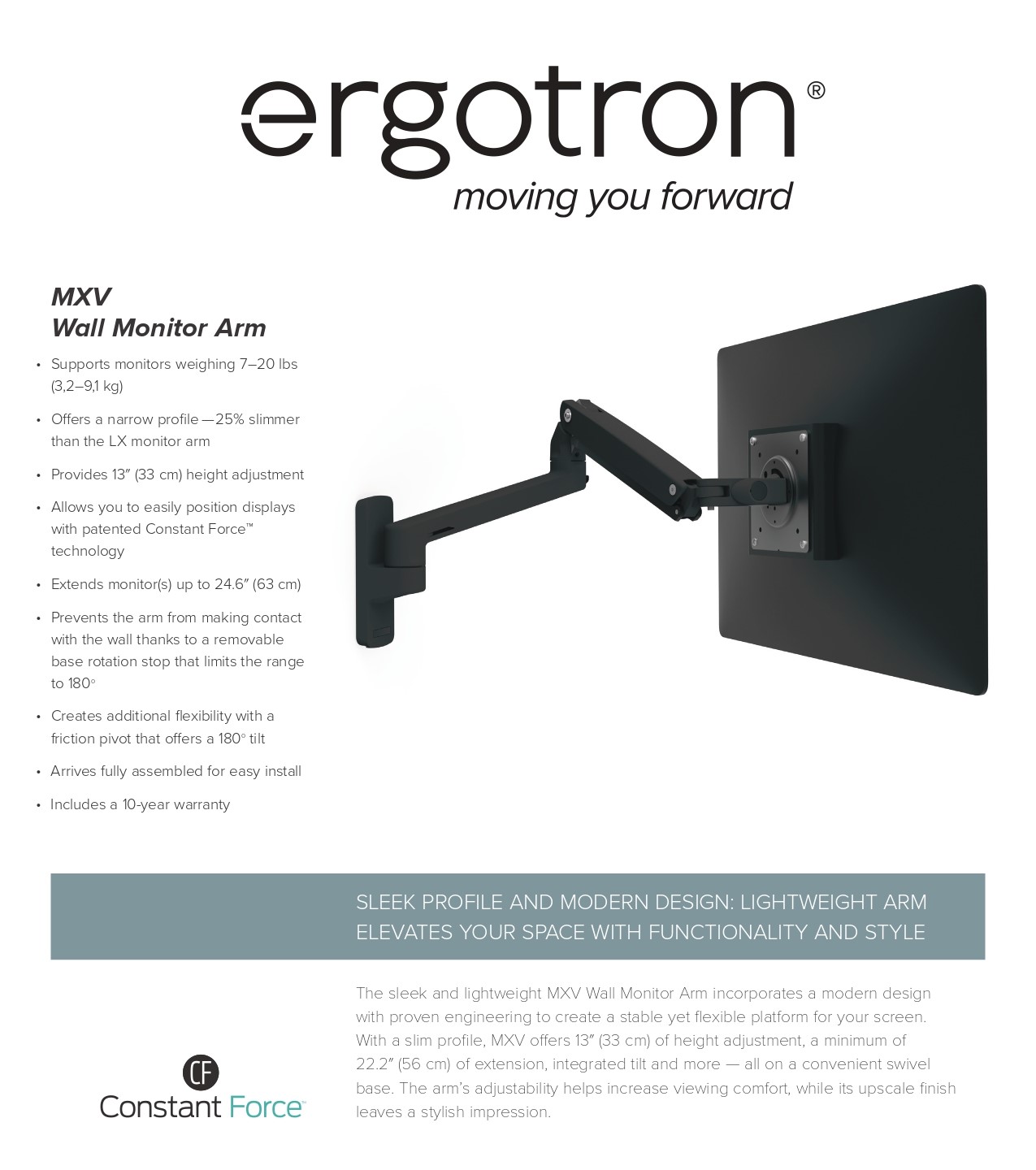 A large marketing image providing additional information about the product Ergotron MXV Wall Monitor Arm - White - Additional alt info not provided