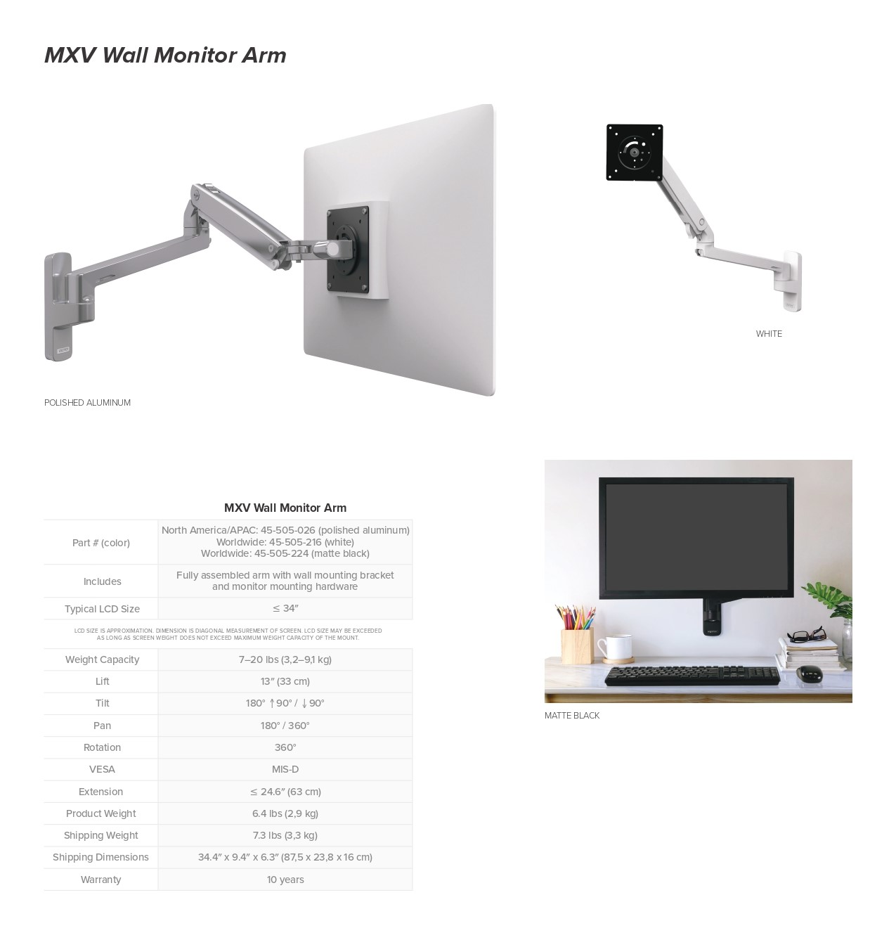 A large marketing image providing additional information about the product Ergotron MXV Wall Monitor Arm - White - Additional alt info not provided