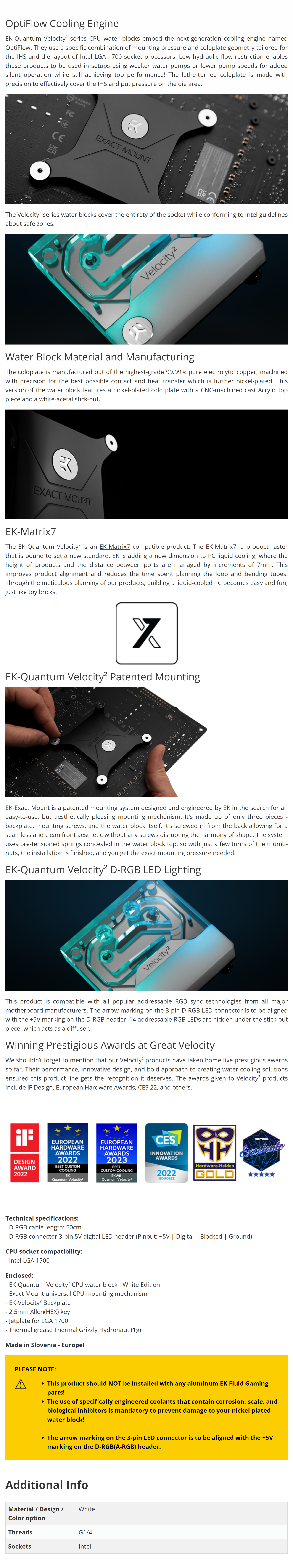 A large marketing image providing additional information about the product EK Quantum Velocity2 LGA1700 D-RGB CPU Waterblock - White - Additional alt info not provided