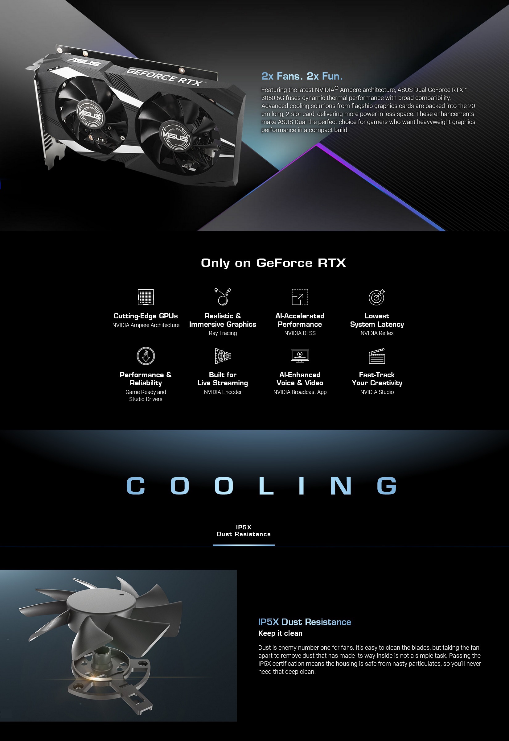 A large marketing image providing additional information about the product ASUS GeForce RTX 3050 Dual OC 6GB GDDR6 - Additional alt info not provided