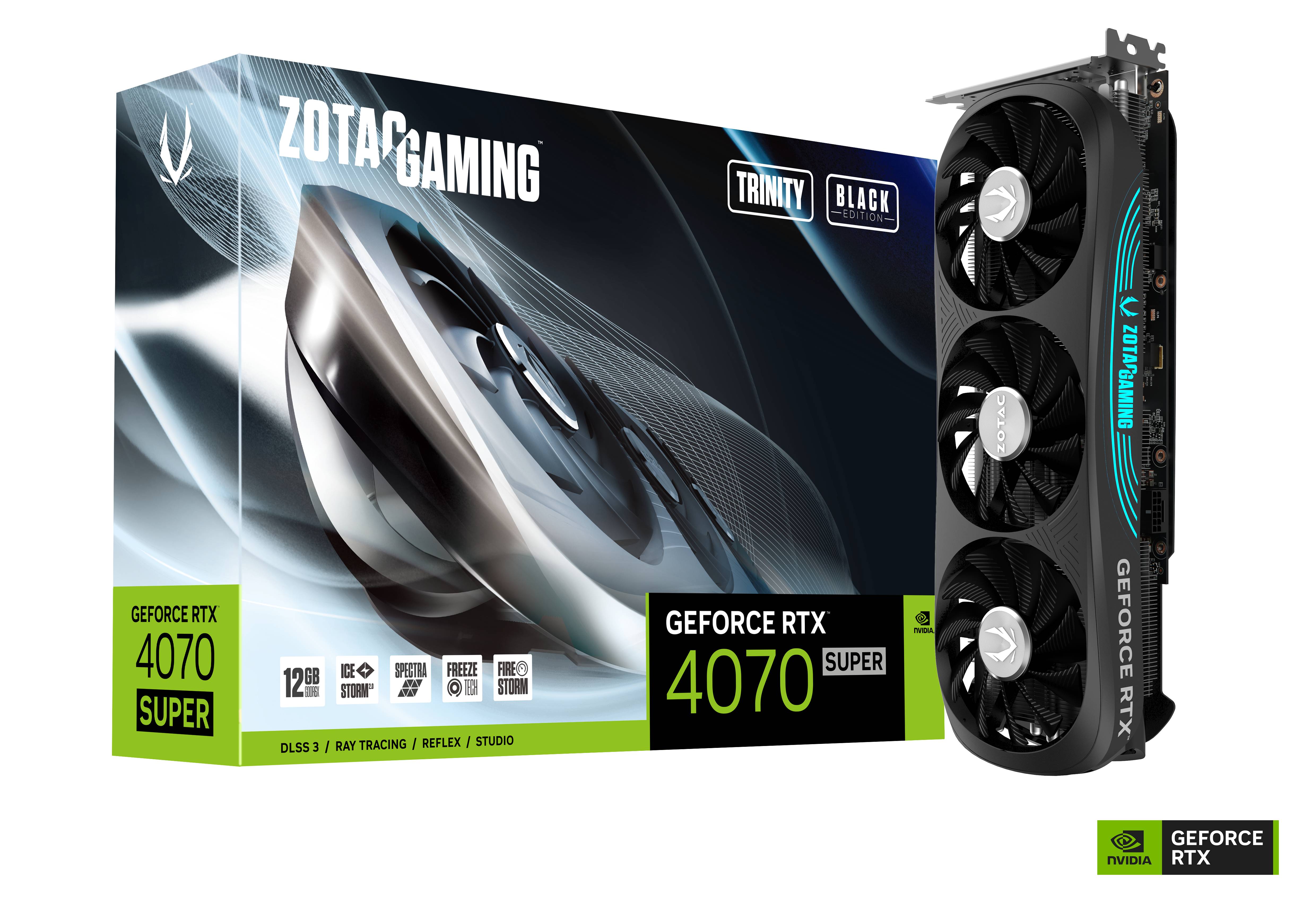A large marketing image providing additional information about the product ZOTAC GAMING Geforce RTX 4070 SUPER Trinity Black 12GB GDDR6X - Additional alt info not provided