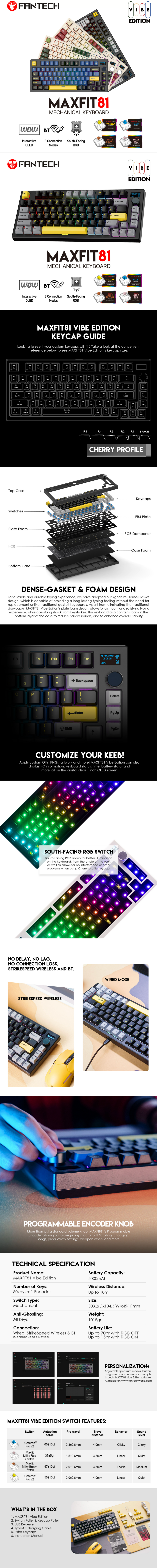 A large marketing image providing additional information about the product Fantech MAXFIT81 Wireless Hot-Swappable RGB Mechanical Bluetooth Keyboard (Grand Cobalt - Yellow Switch) - Additional alt info not provided