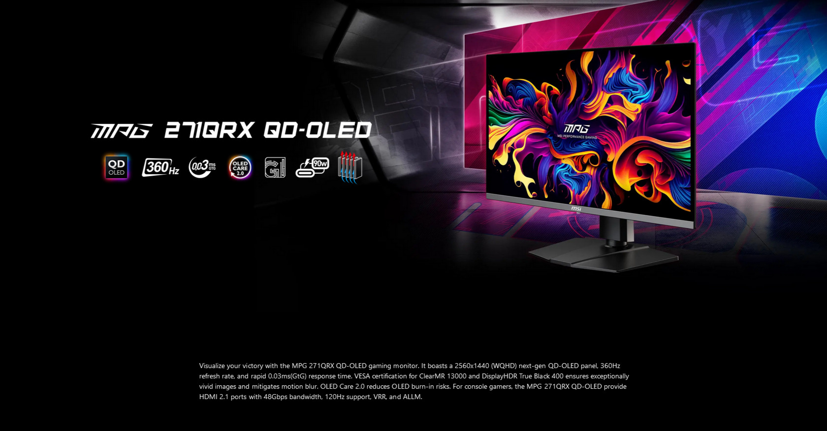 A large marketing image providing additional information about the product MSI MPG 271QRX 27” WQHD 360Hz QD-OLED Monitor - Additional alt info not provided