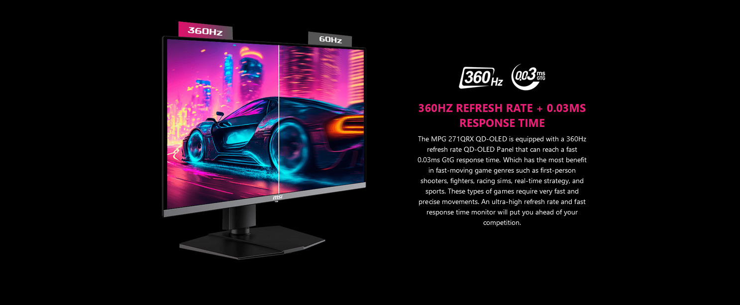 A large marketing image providing additional information about the product MSI MPG 271QRX 27” 1440p 360Hz QD-OLED Monitor - Additional alt info not provided