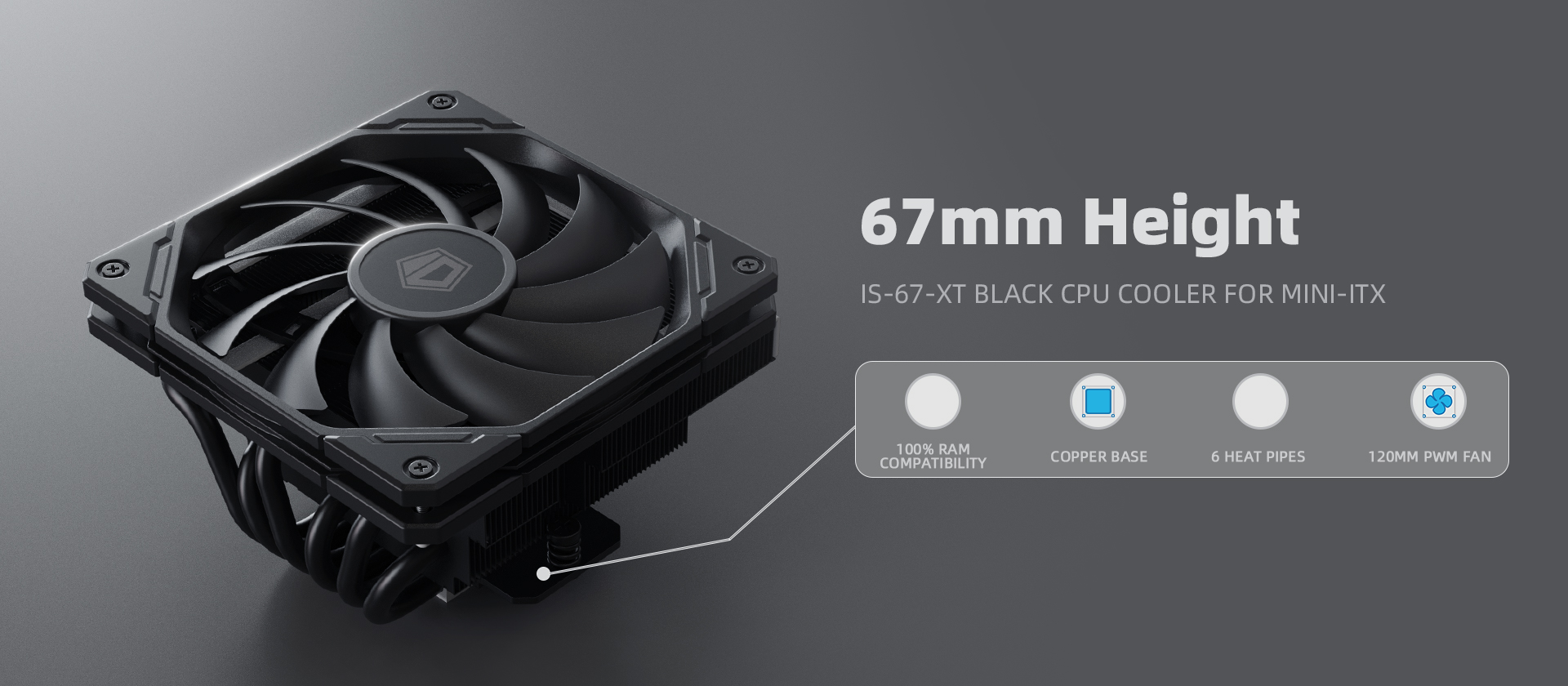 A large marketing image providing additional information about the product ID-COOLING Iceland Series IS-67-XT Low Profile CPU Cooler - Black - Additional alt info not provided