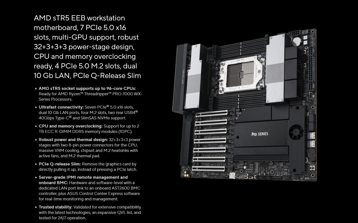 A large marketing image providing additional information about the product Asus Pro WS WRX90E-SAGE SE sTR5 EEB Workstation Desktop Motherboard - Additional alt info not provided