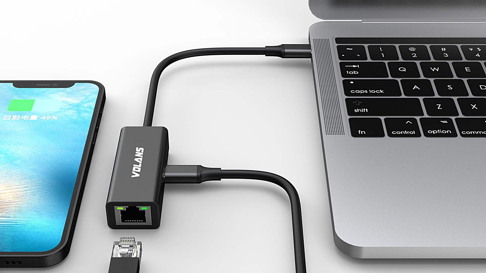 A large marketing image providing additional information about the product Volans VL-RJ45-CP Aluminium USB-C to Gigabit Ethernet Network Adapter with PD3.0 - Additional alt info not provided