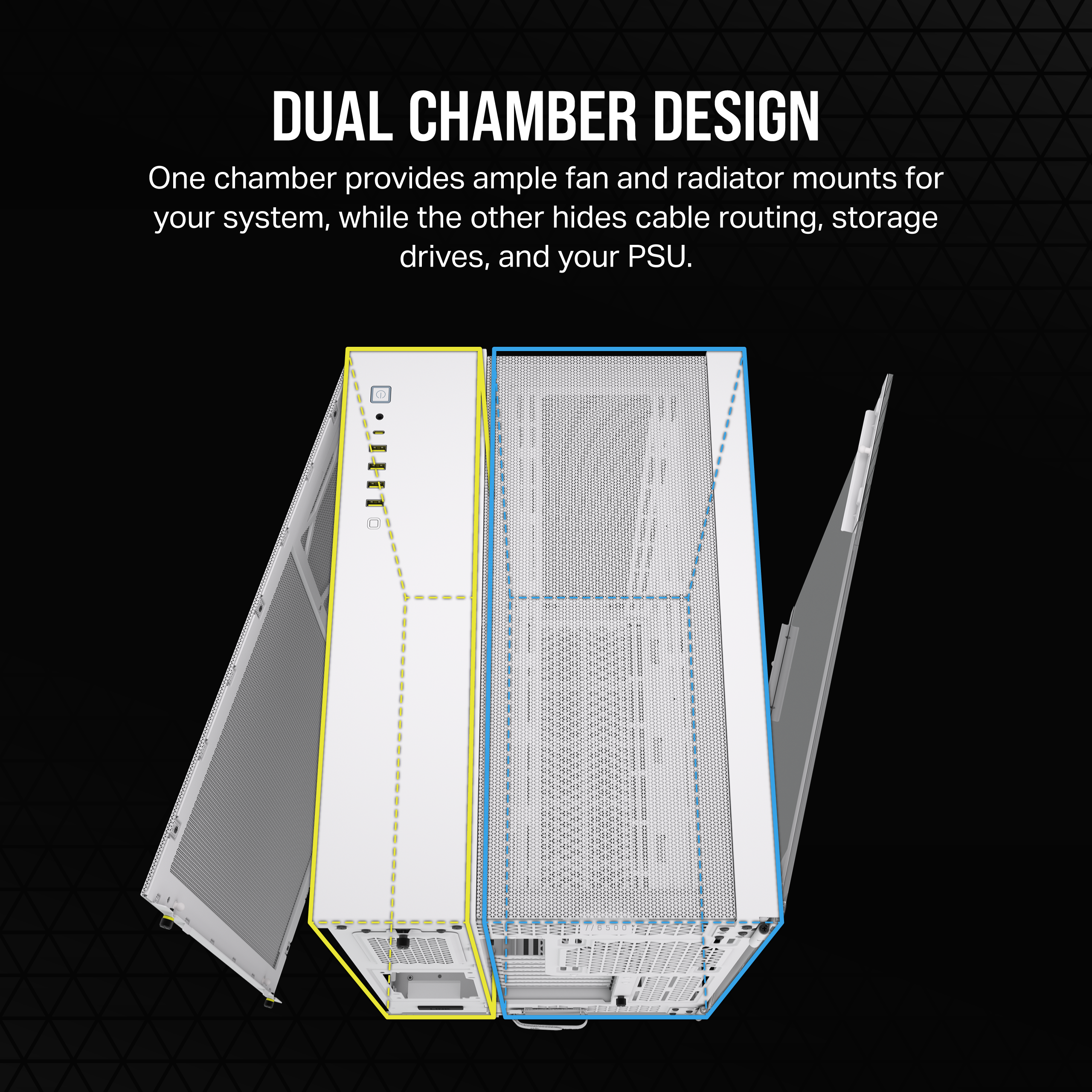 A large marketing image providing additional information about the product Corsair 6500D Airflow Tempered Glass Mid Tower Case - White - Additional alt info not provided
