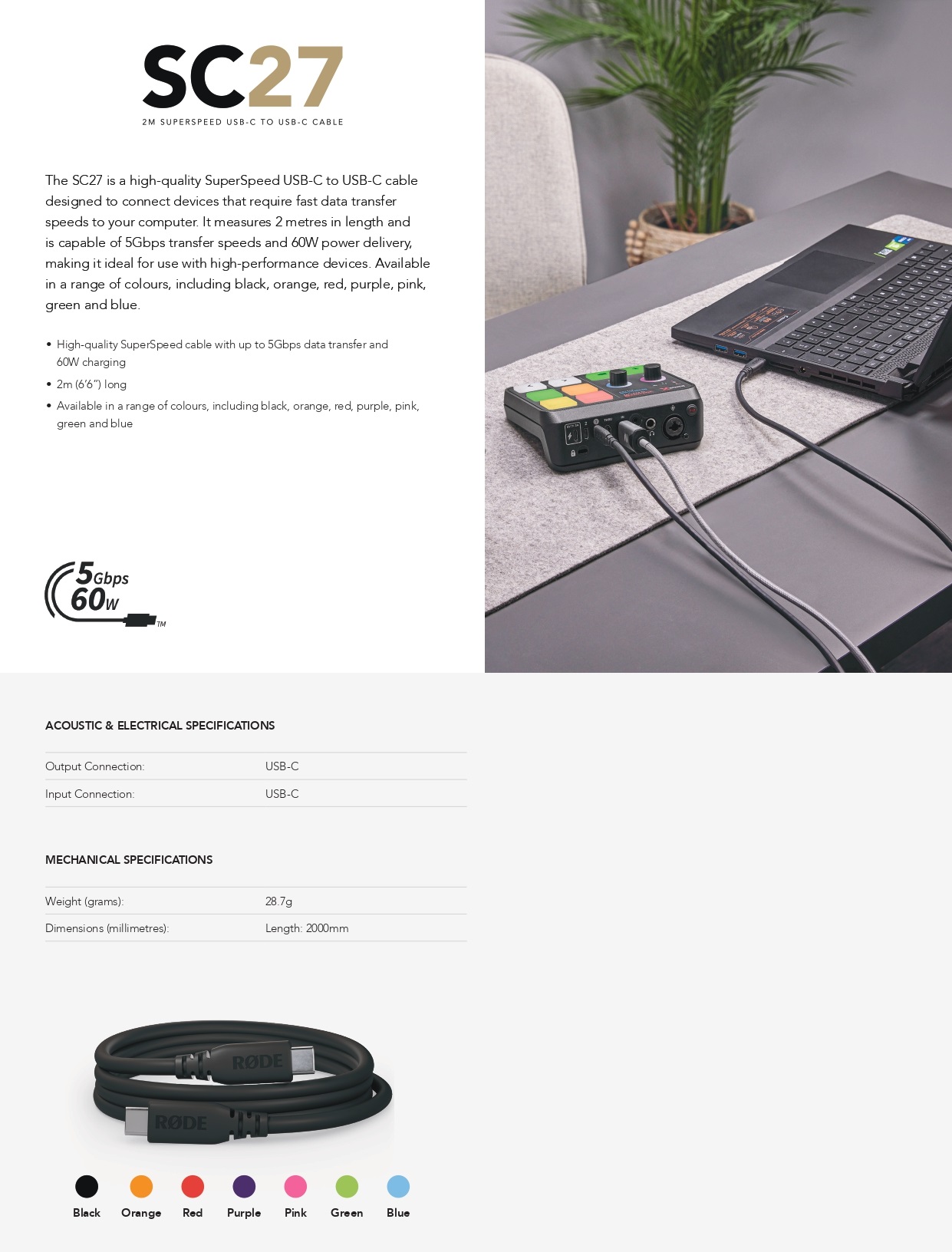 A large marketing image providing additional information about the product Rode SuperSpeed USB-C to USB-C Cable 2m - Black - Additional alt info not provided