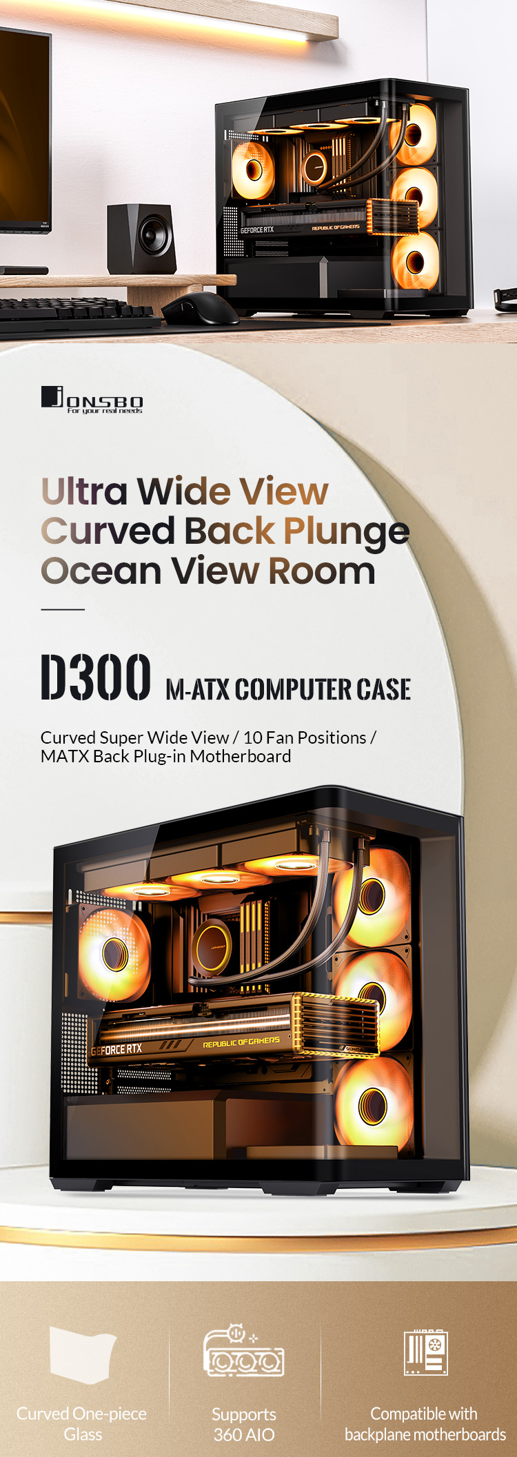 A large marketing image providing additional information about the product Jonsbo D300 mATX Case - White - Additional alt info not provided