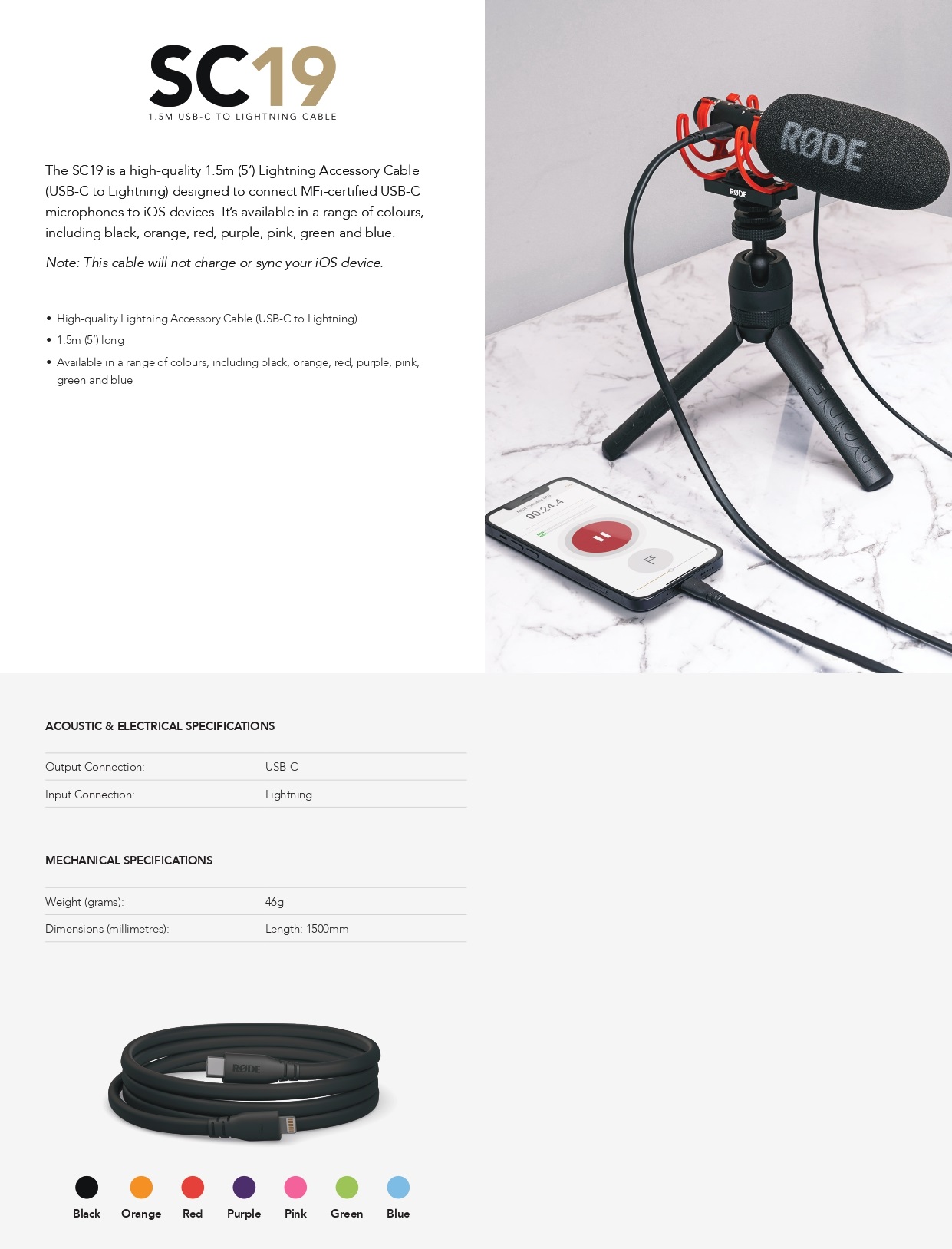 A large marketing image providing additional information about the product Rode USB-C to Lightning Cable 1.5m - Red - Additional alt info not provided