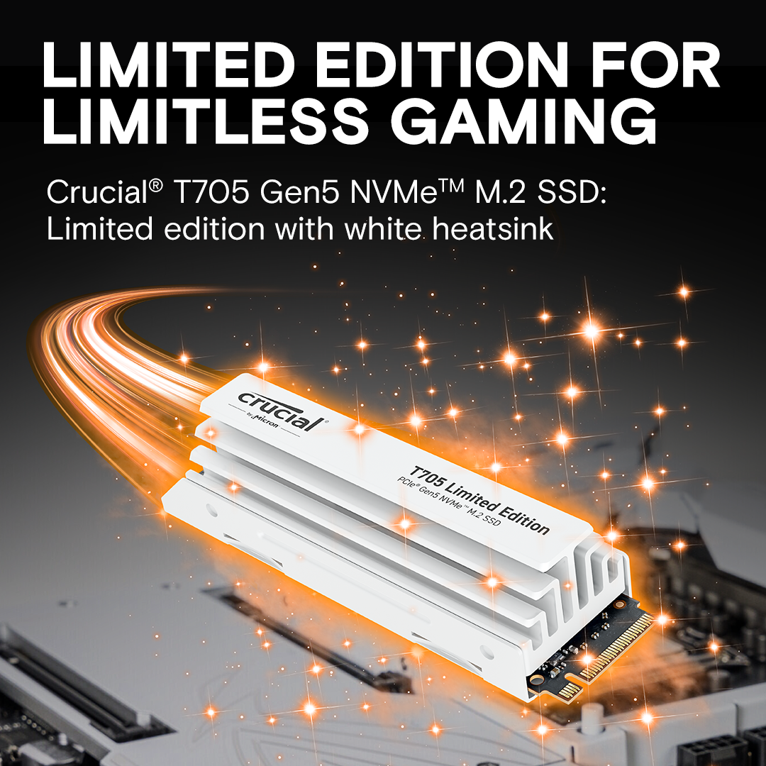 A large marketing image providing additional information about the product Crucial T705 w/ Heatsink PCIe Gen5 NVMe M.2 SSD -  2TB White - Additional alt info not provided