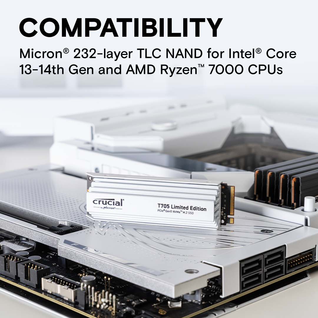 A large marketing image providing additional information about the product Crucial T705 w/ Heatsink PCIe Gen5 NVMe M.2 SSD -  2TB White - Additional alt info not provided