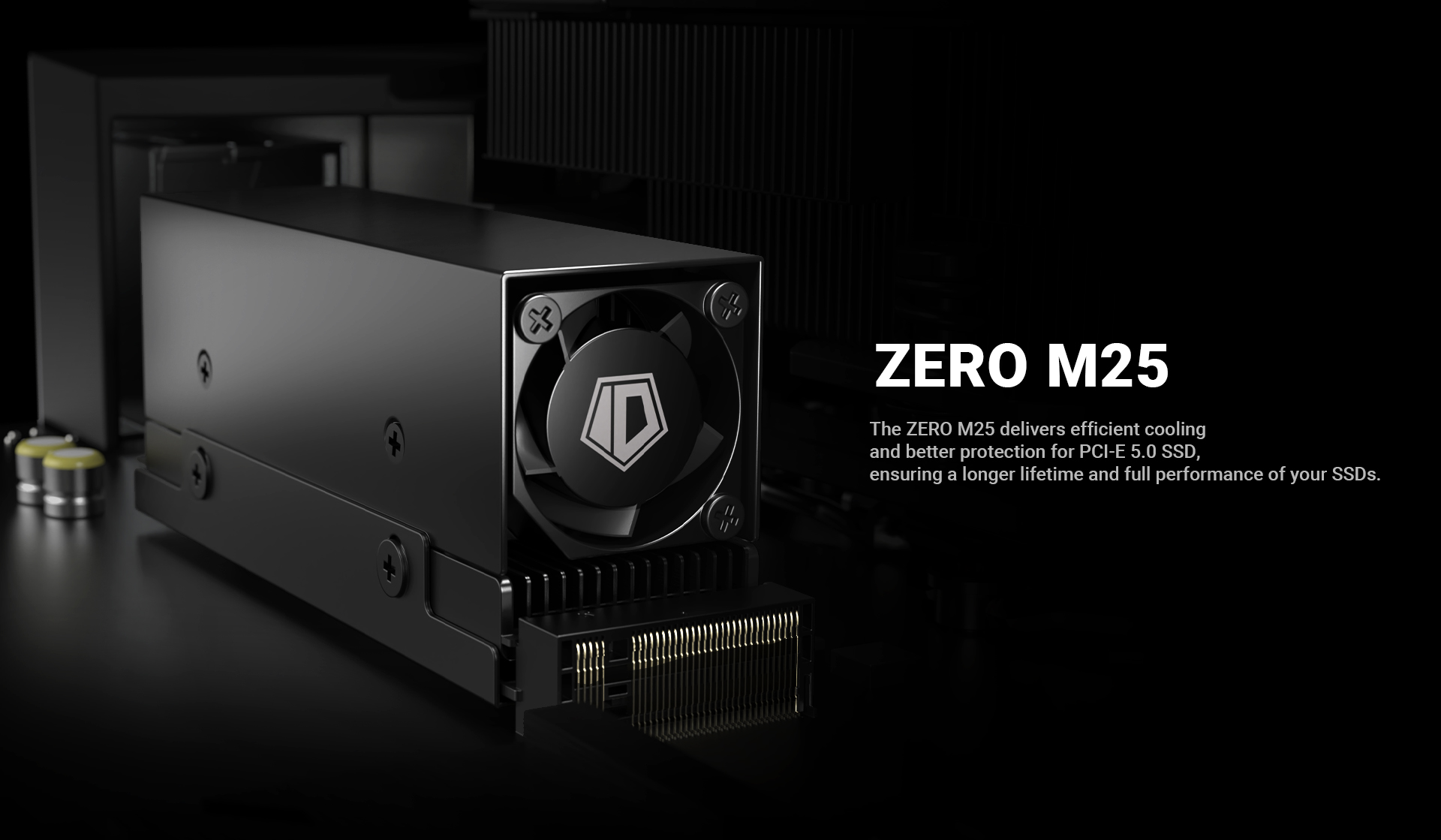 A large marketing image providing additional information about the product ID-COOLING ZERO M25 M.2 Cooler wtih Fan - Additional alt info not provided