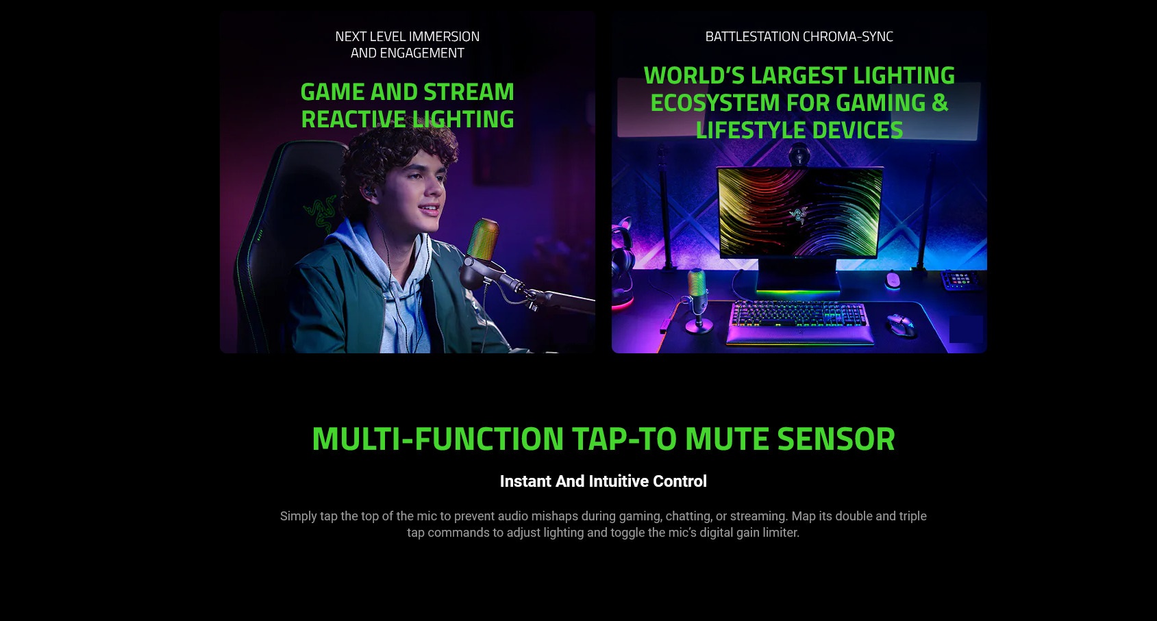 A large marketing image providing additional information about the product Razer Seiren V3 Chroma - RGB USB Microphone with Tap-to-Mute - Additional alt info not provided