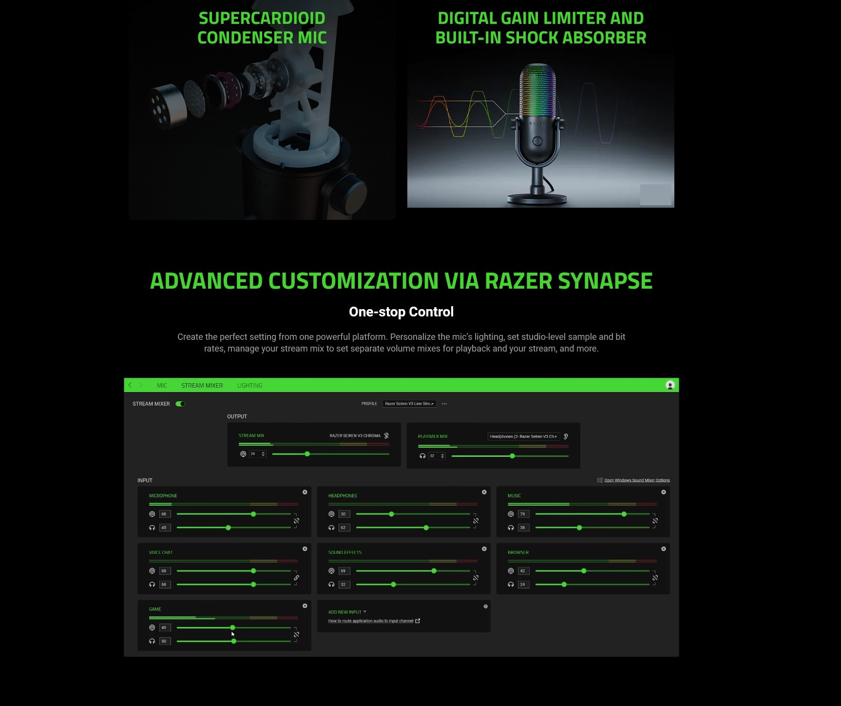 A large marketing image providing additional information about the product Razer Seiren V3 Chroma - RGB USB Microphone with Tap-to-Mute - Additional alt info not provided