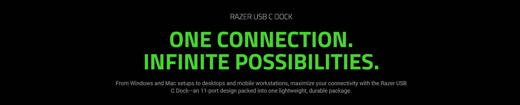 A large marketing image providing additional information about the product Razer USB-C Dock - 11-in-1 Multiport Adapter (Black) - Additional alt info not provided