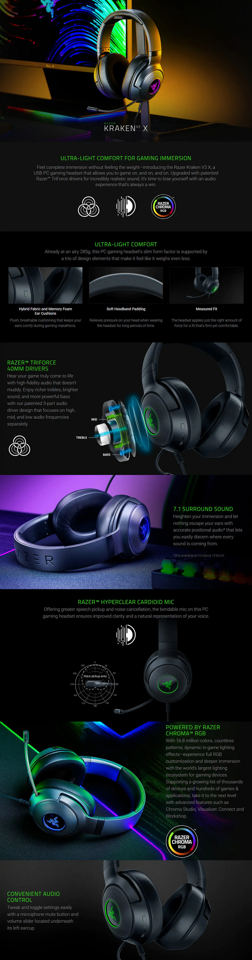 A large marketing image providing additional information about the product Razer Kraken V3 X - Wired USB Gaming Headset - Additional alt info not provided