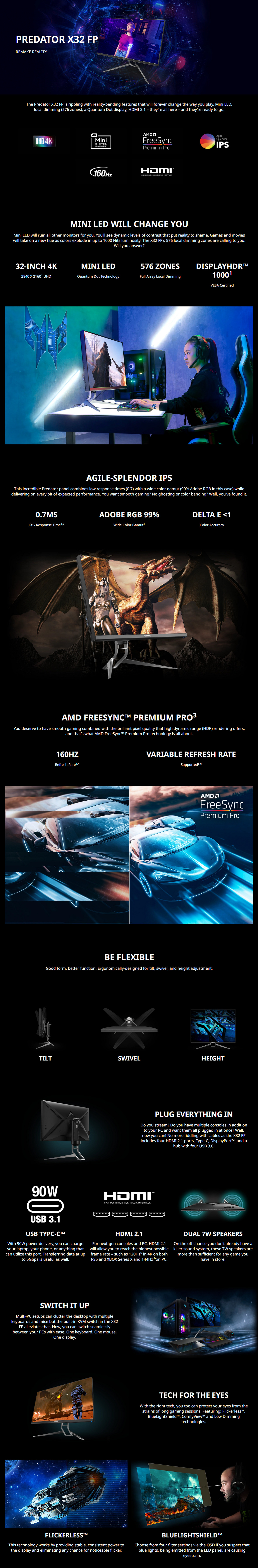 A large marketing image providing additional information about the product Acer Predator X32FP 32" UHD 160Hz IPS Monitor - Additional alt info not provided