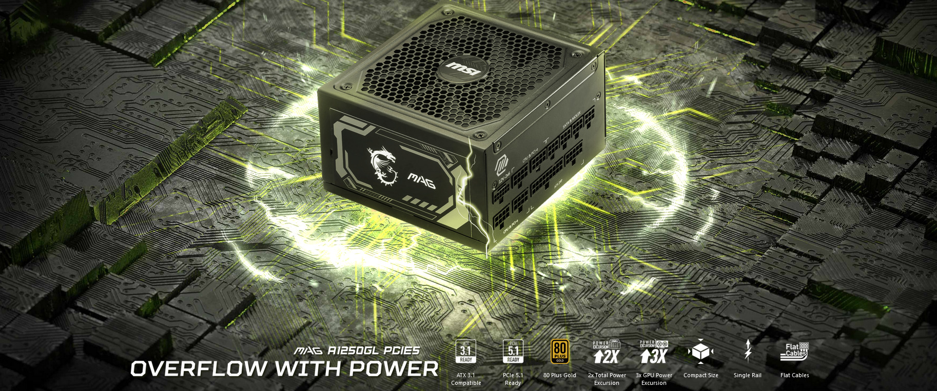 A large marketing image providing additional information about the product MSI MAG A1250GL 1250W Gold PCIe 5.0 ATX Modular PSU - Additional alt info not provided