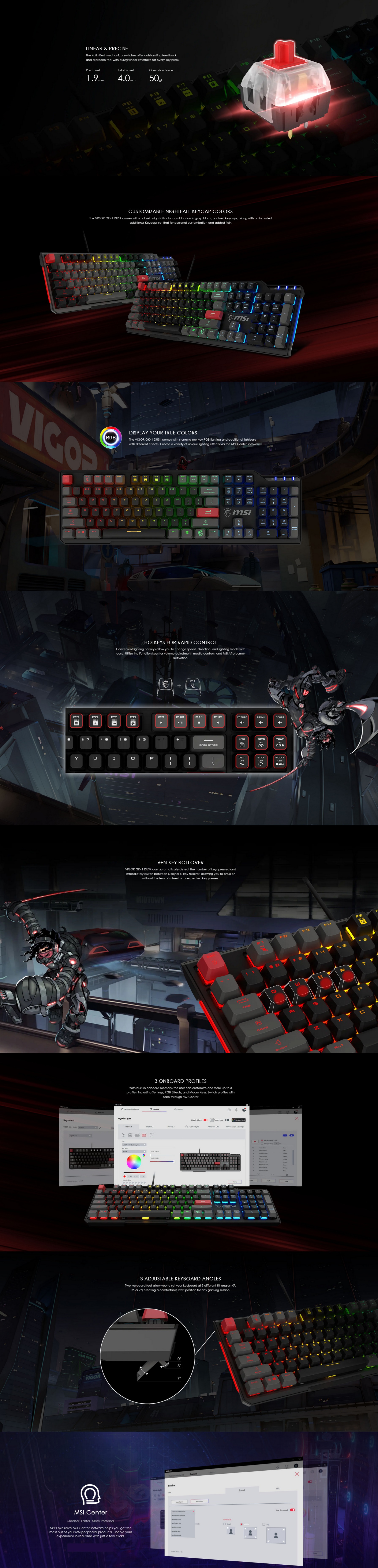 A large marketing image providing additional information about the product MSI VIGOR GK41 DUSK Gaming Keyboard - Kailh Red - Additional alt info not provided