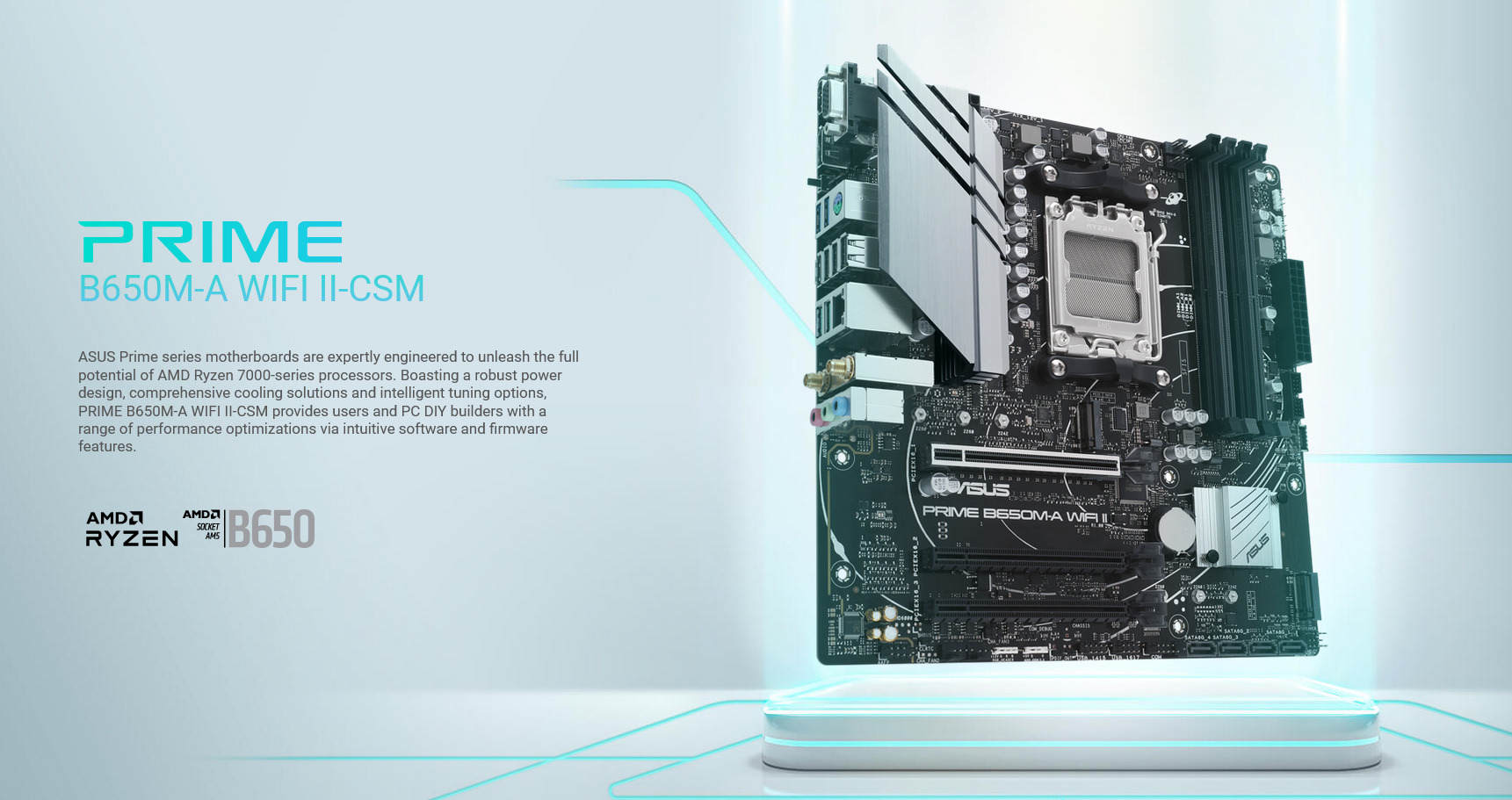 A large marketing image providing additional information about the product ASUS PRIME B650M-A WIFI II CSM AM5 DDR5 mATX Desktop Motherboard - Additional alt info not provided