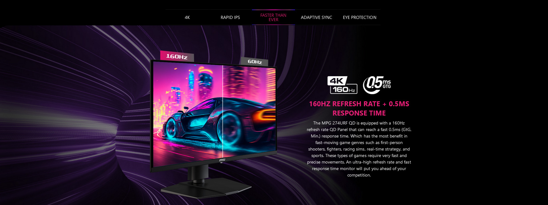 A large marketing image providing additional information about the product MSI MPG 274URF QD 27" 4K 160Hz Rapid IPS Monitor - Additional alt info not provided