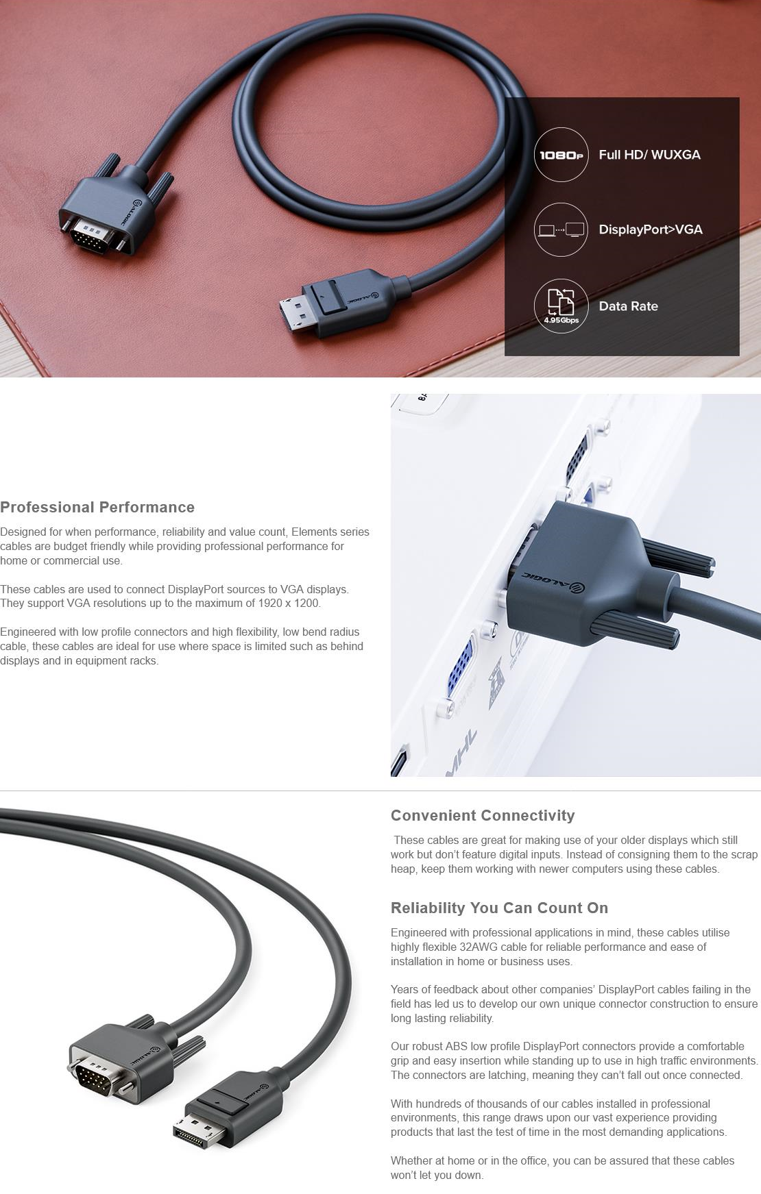 A large marketing image providing additional information about the product ALOGIC Display Port to VGA Cable - 2m - Additional alt info not provided