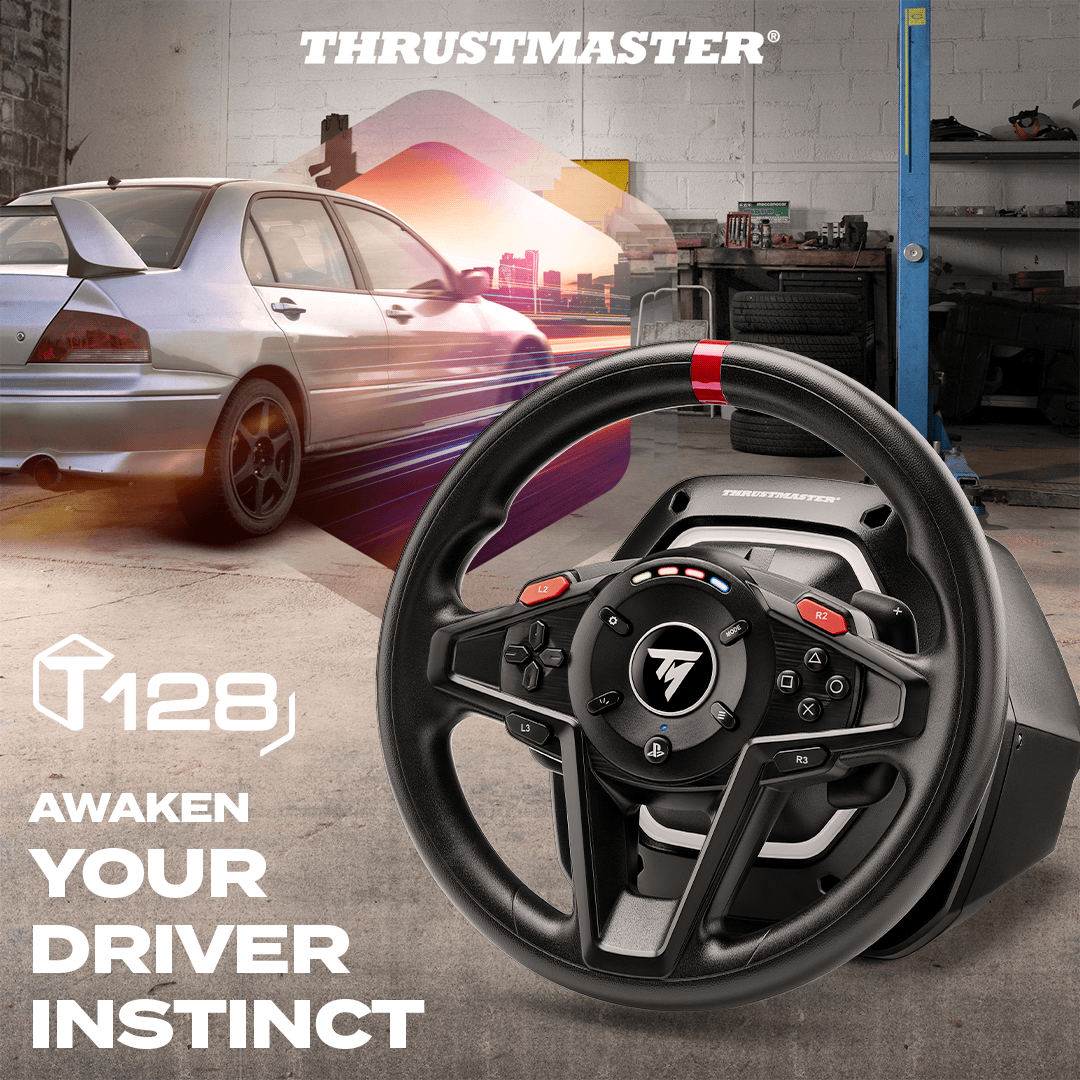 A large marketing image providing additional information about the product Thrustmaster T128 - Racing Wheel & Pedals for PC & Playstation - Additional alt info not provided