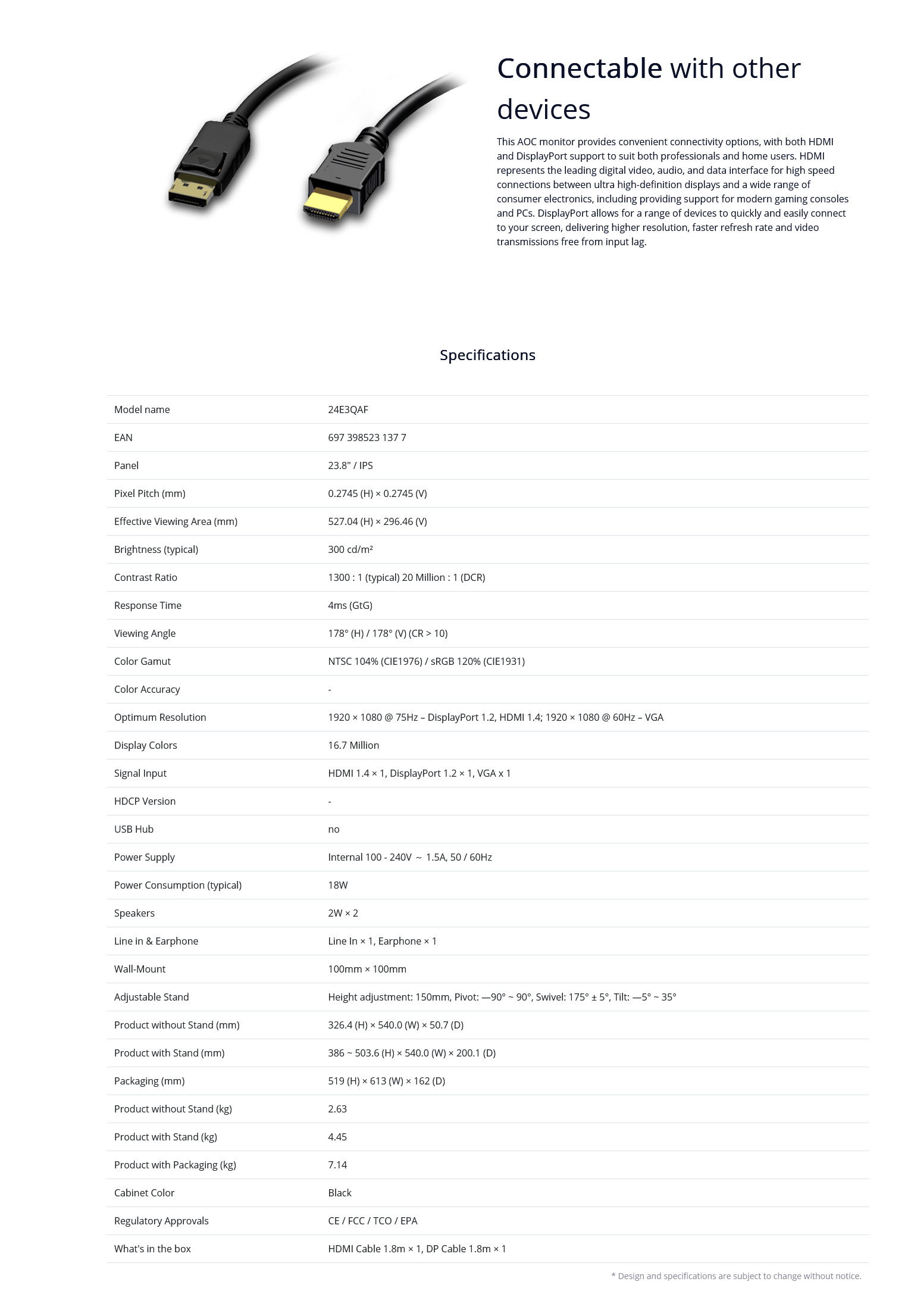 A large marketing image providing additional information about the product AOC 24E3QAF - 23.8" FHD 75Hz IPS Monitor - Additional alt info not provided