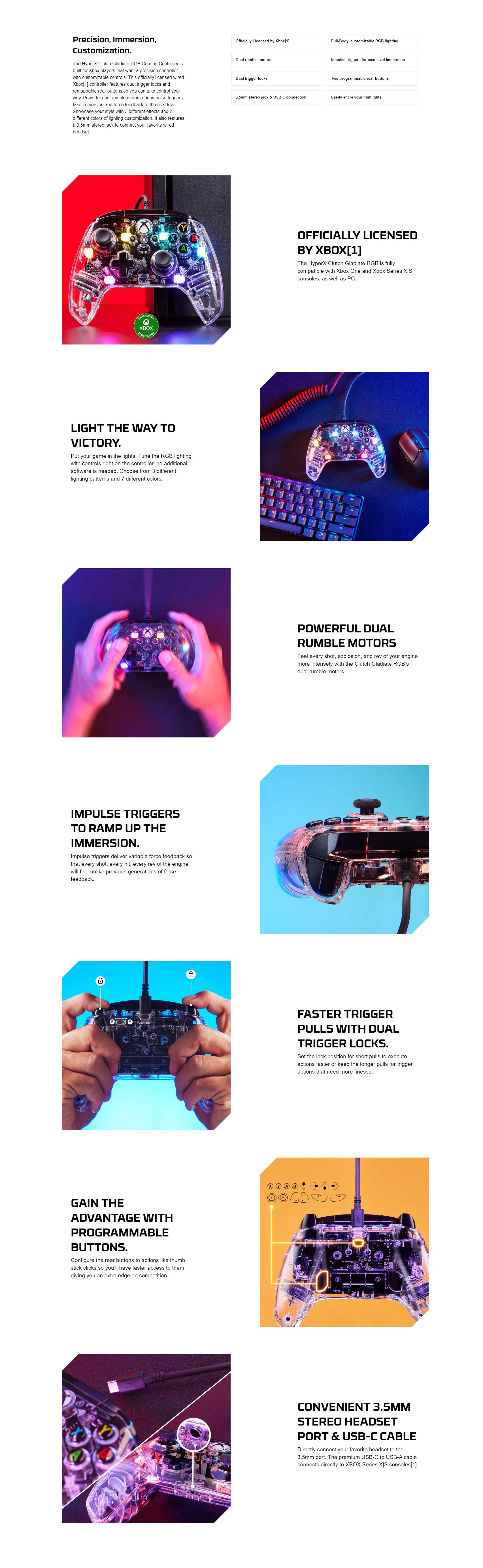 A large marketing image providing additional information about the product HyperX Clutch Gladiate - RGB Gaming Controller for Xbox & PC - Additional alt info not provided