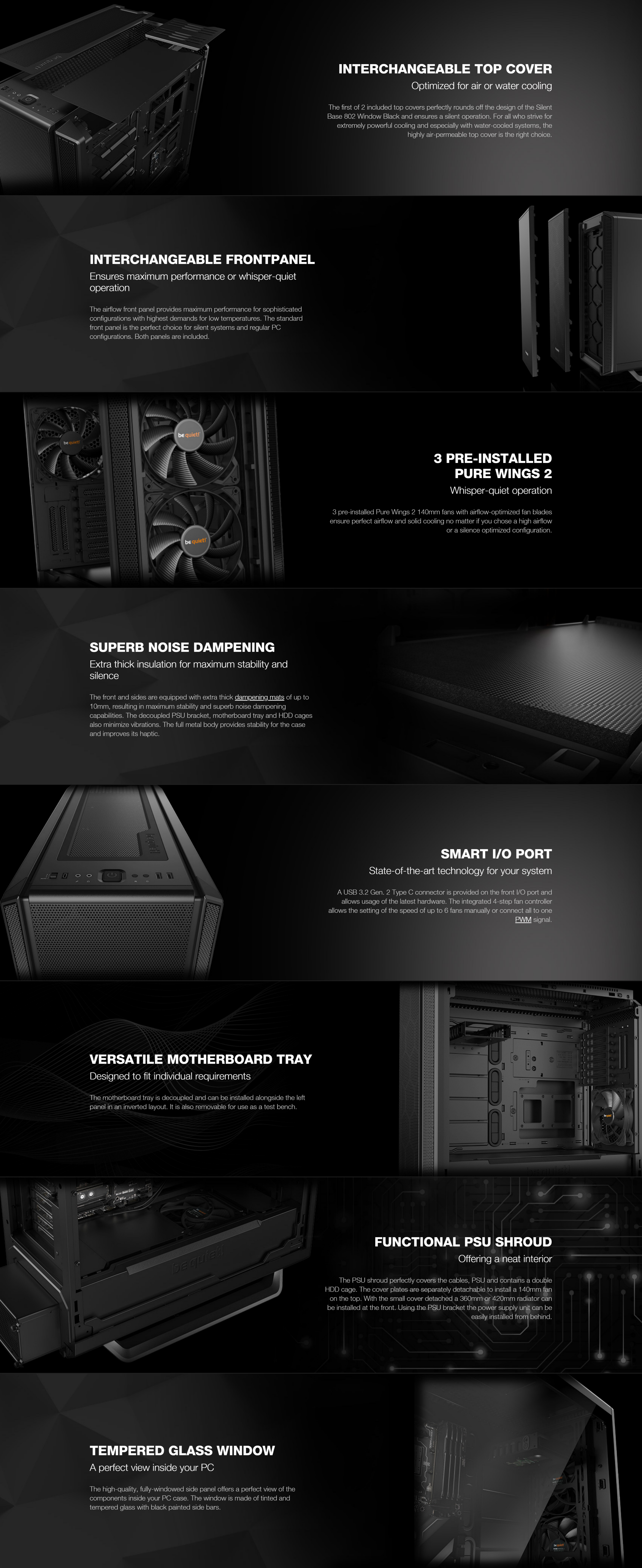 A large marketing image providing additional information about the product be quiet! SILENT BASE 802 TG Mid Tower Case - Black - Additional alt info not provided