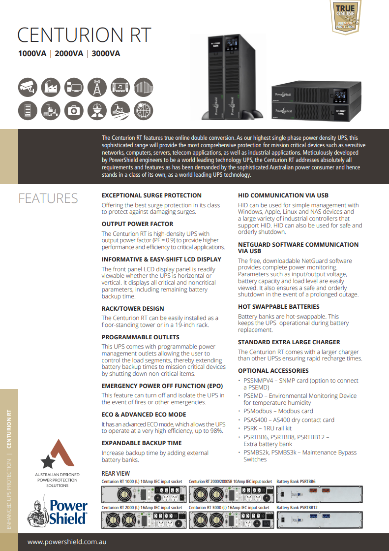 A large marketing image providing additional information about the product PowerShield Centurion Rack/Tower 2KVA Pure Sine Wave UPS - Additional alt info not provided