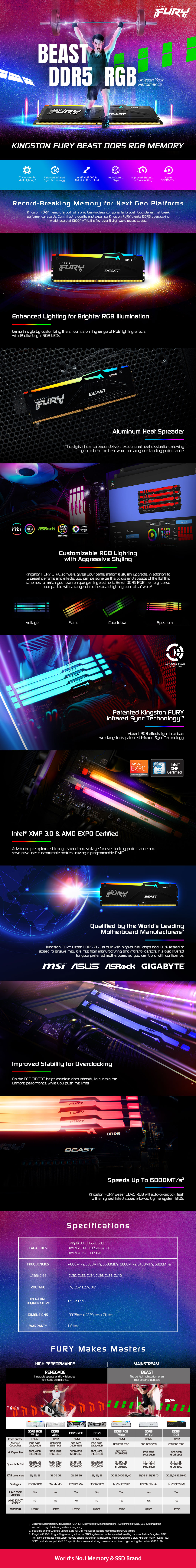 A large marketing image providing additional information about the product Kingston 32GB Kit (2x16GB) DDR5 Fury Beast EXPO/XMP RGB CL30 6000MHz - Additional alt info not provided