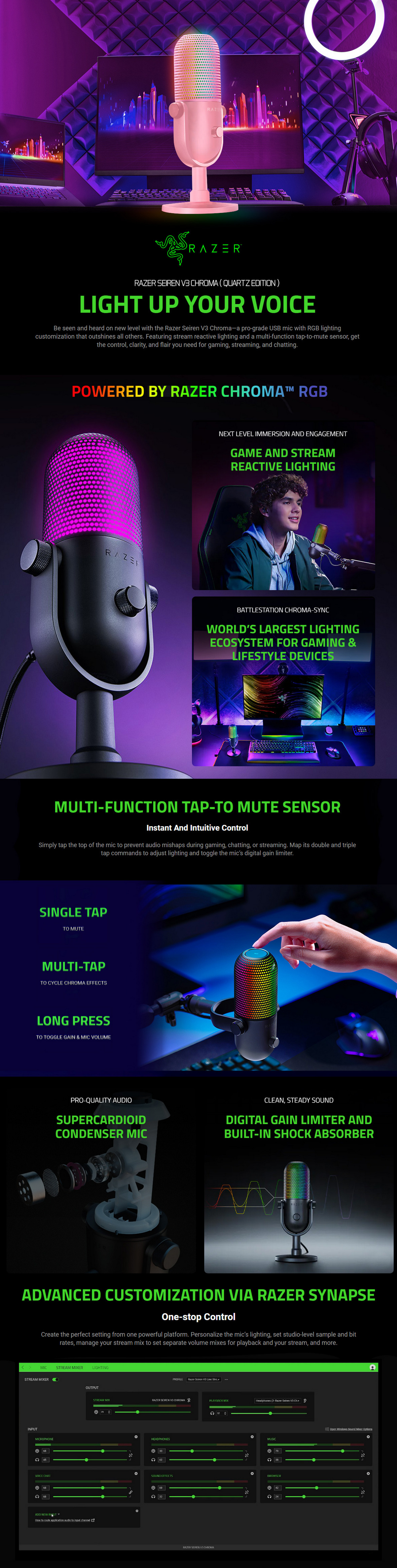 A large marketing image providing additional information about the product Razer Seiren V3 Chroma - RGB USB Microphone with Tap-to-Mute (Quartz Pink) - Additional alt info not provided