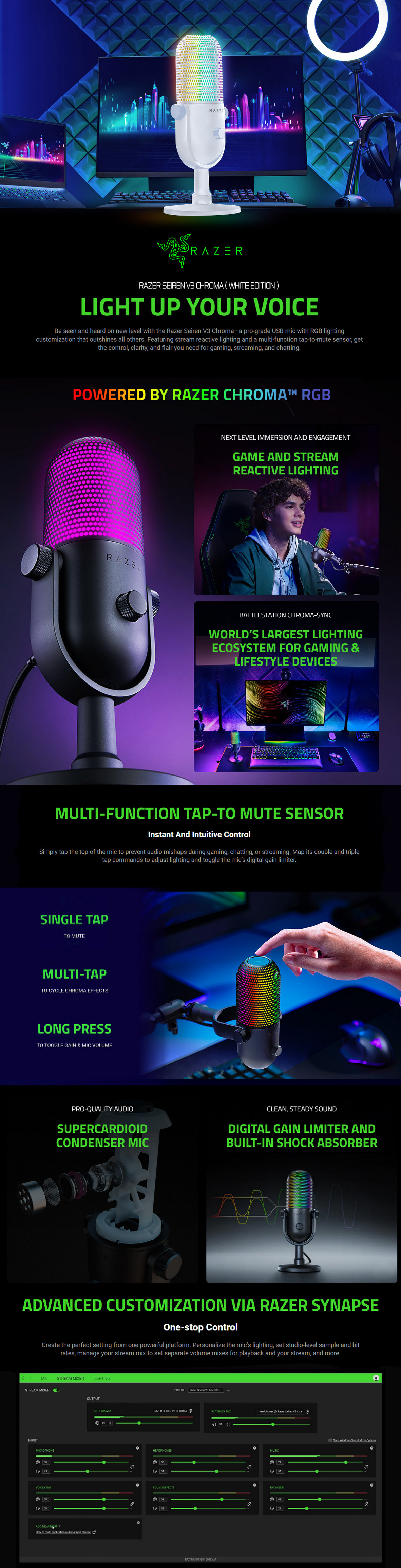 A large marketing image providing additional information about the product Razer Seiren V3 Chroma - RGB USB Microphone with Tap-to-Mute (White) - Additional alt info not provided