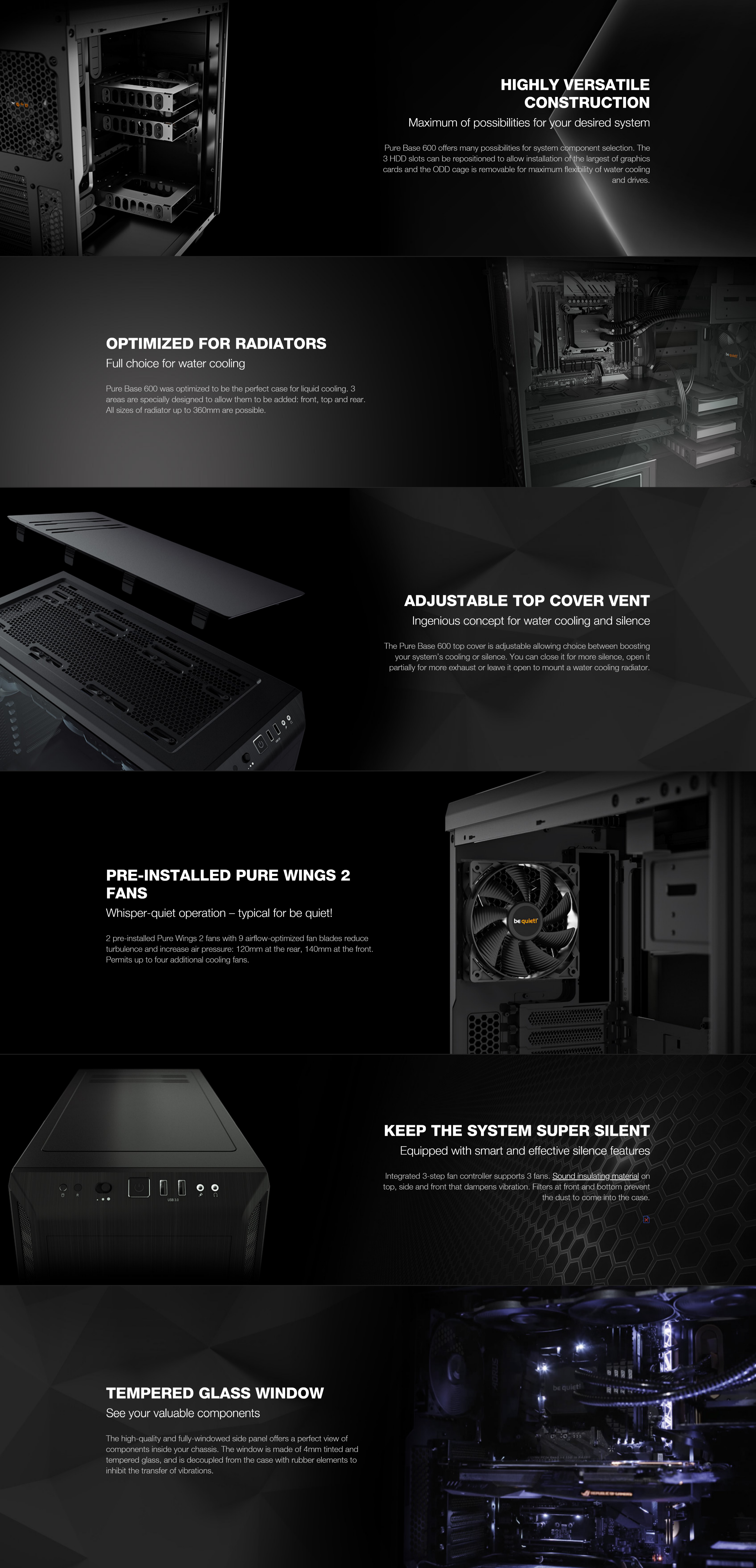 A large marketing image providing additional information about the product be quiet! PURE BASE 600 TG Mid Tower Case - Black - Additional alt info not provided
