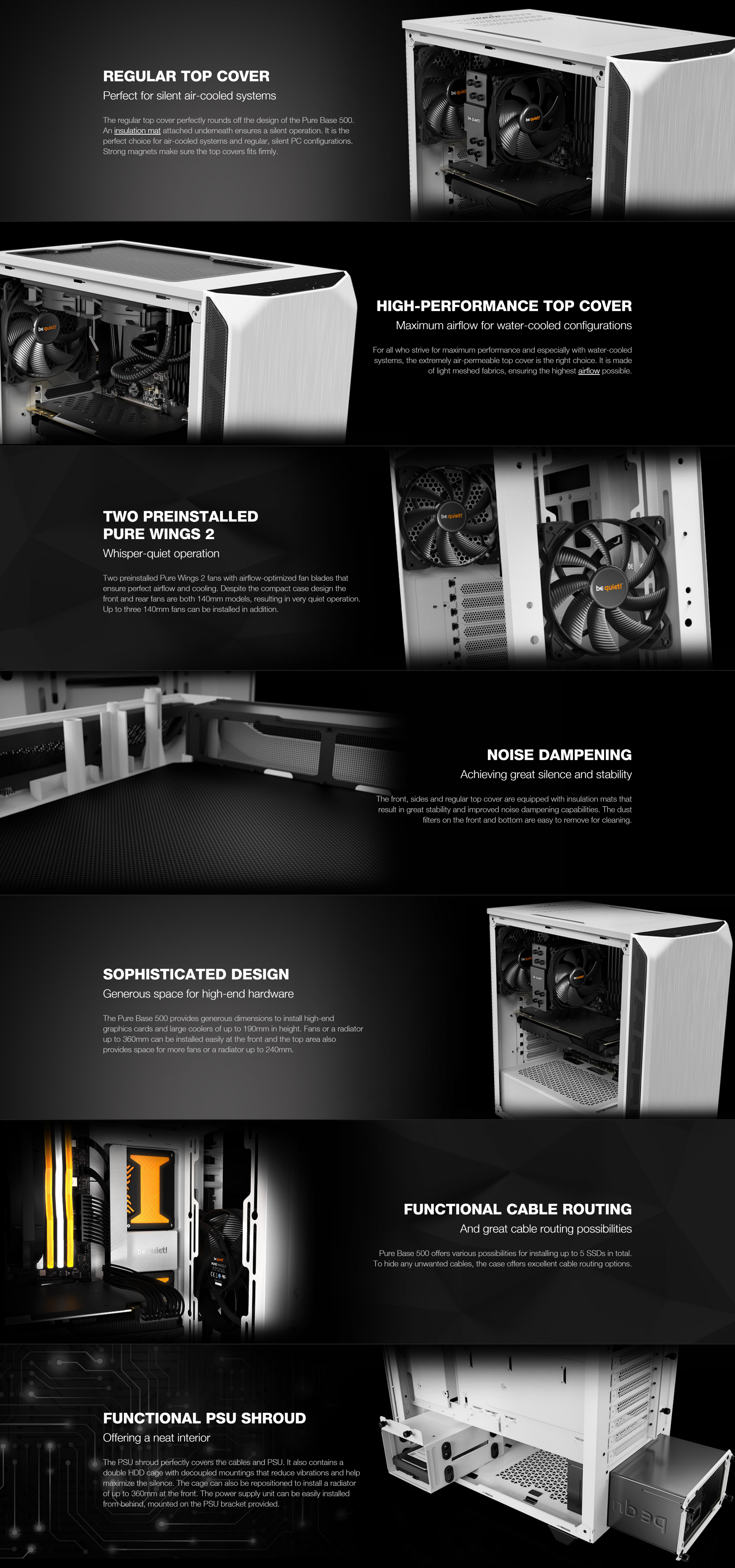 A large marketing image providing additional information about the product be quiet! PURE BASE 500 Mid Tower Case - White - Additional alt info not provided