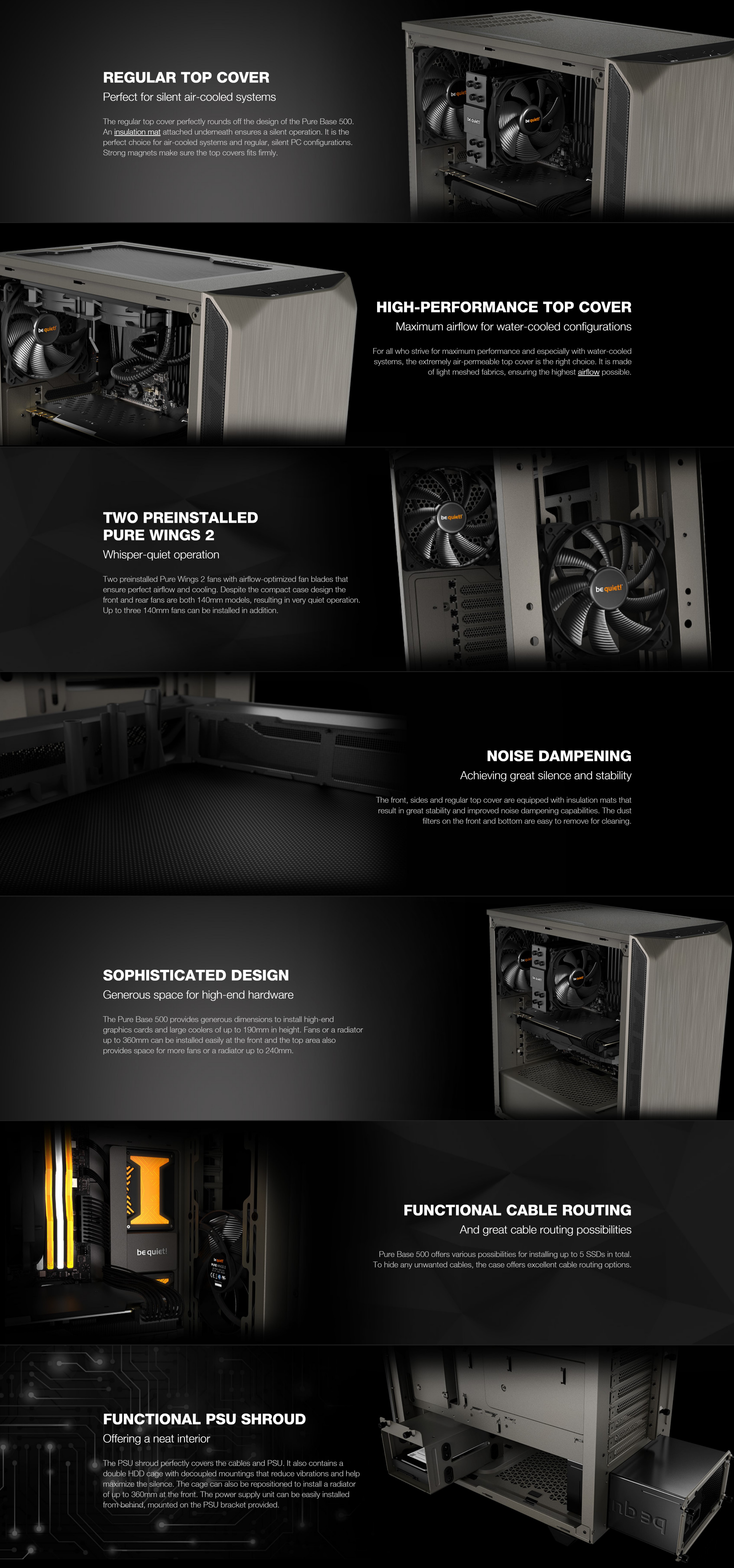 A large marketing image providing additional information about the product be quiet! PURE BASE 500 Mid Tower Case - Gray - Additional alt info not provided