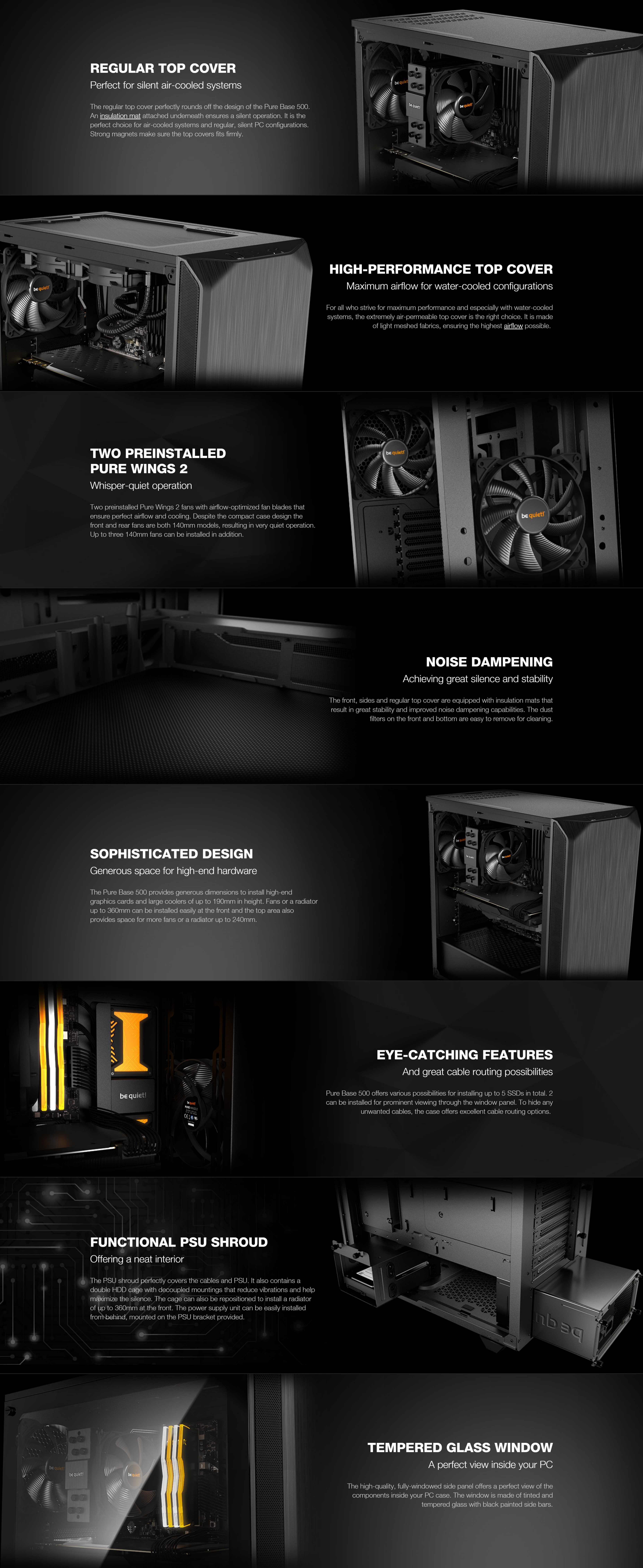 A large marketing image providing additional information about the product be quiet! PURE BASE 500 TG Mid Tower Case - Black - Additional alt info not provided