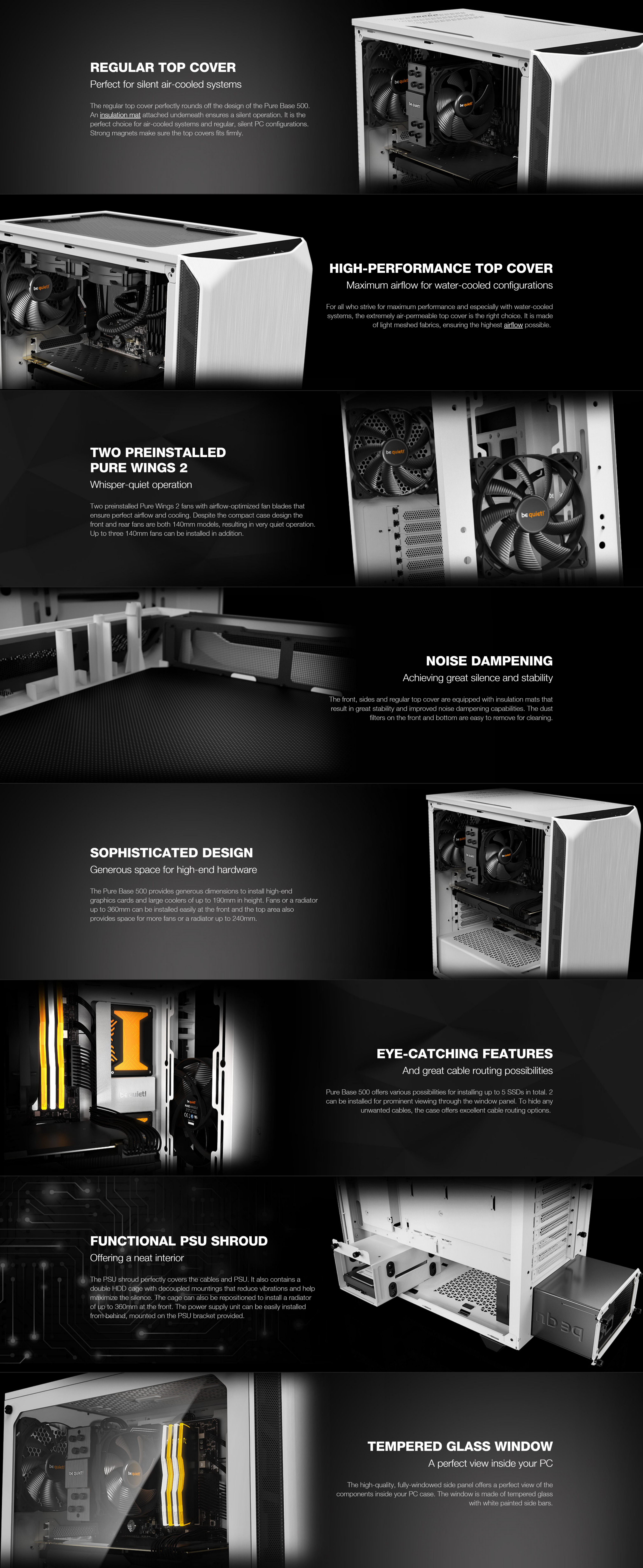 A large marketing image providing additional information about the product be quiet! PURE BASE 500 TG Mid Tower Case - White - Additional alt info not provided