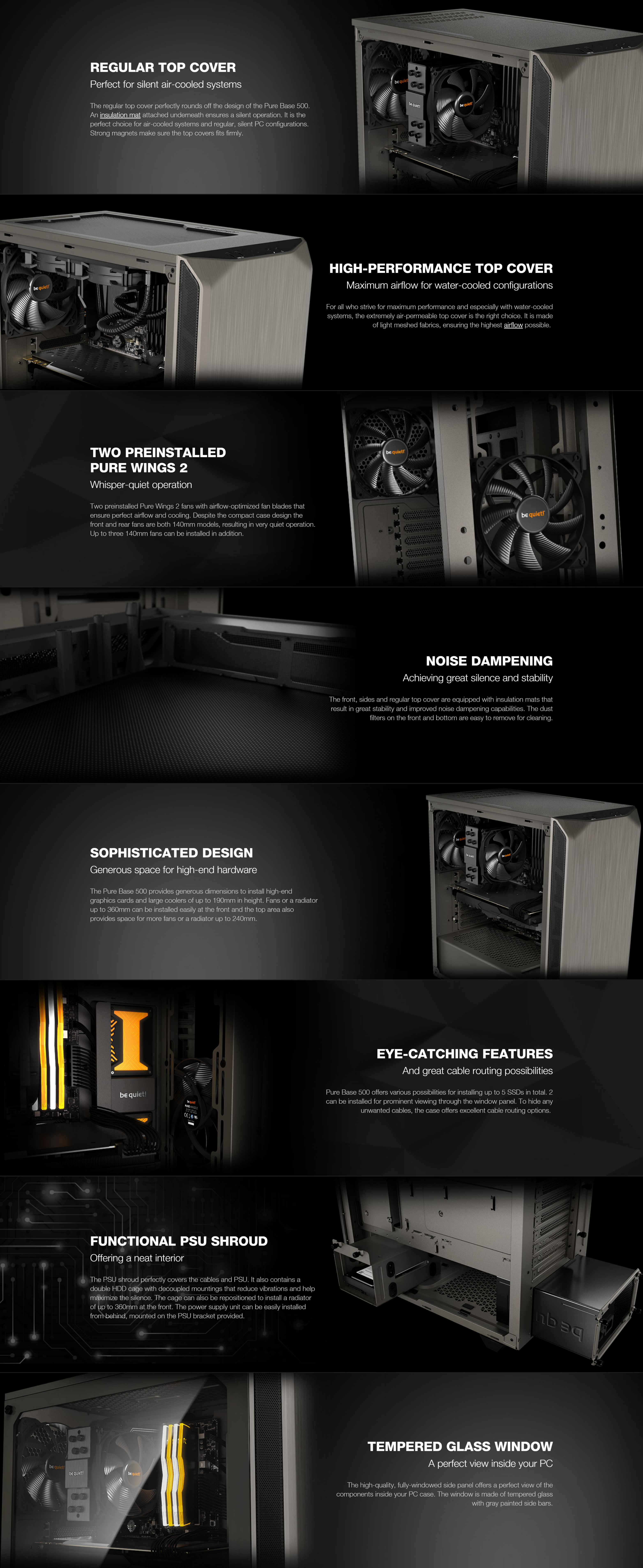 A large marketing image providing additional information about the product be quiet! PURE BASE 500 TG Mid Tower Case - Gray - Additional alt info not provided