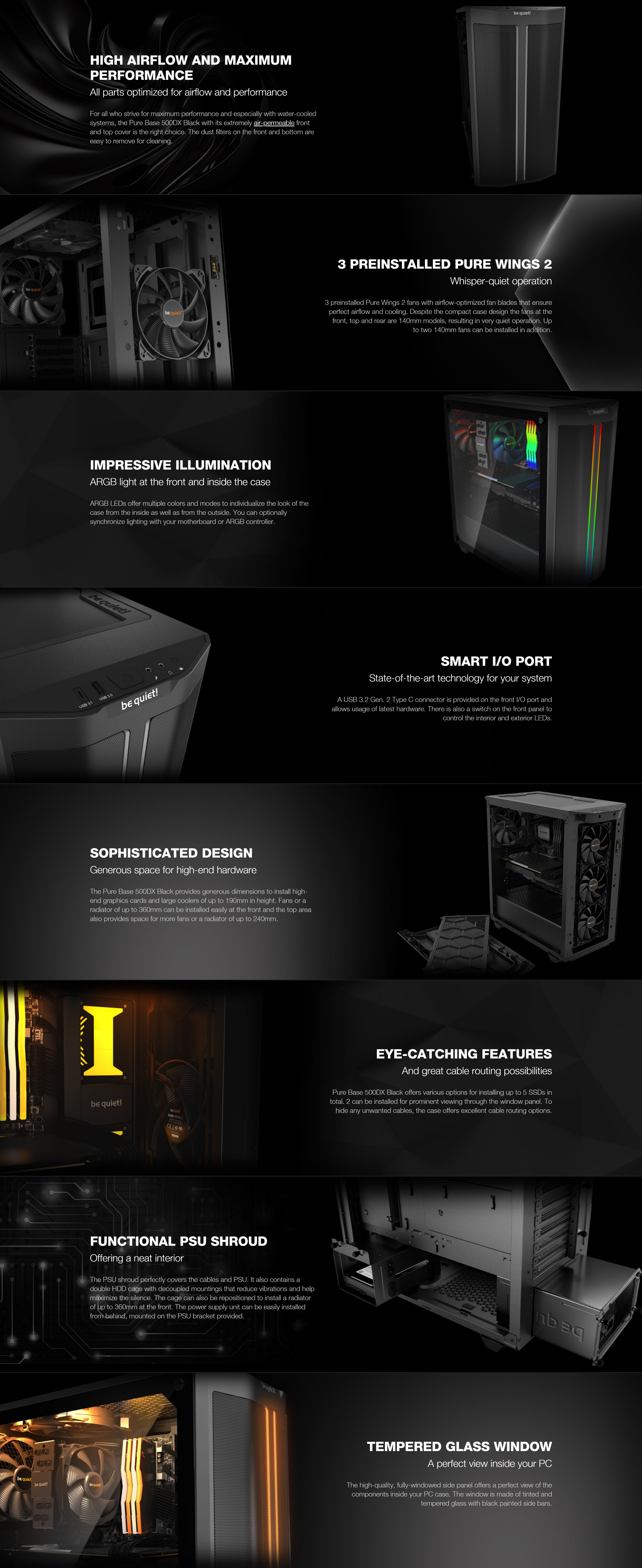 A large marketing image providing additional information about the product be quiet! PURE BASE 500DX TG Mid Tower Case - Black - Additional alt info not provided