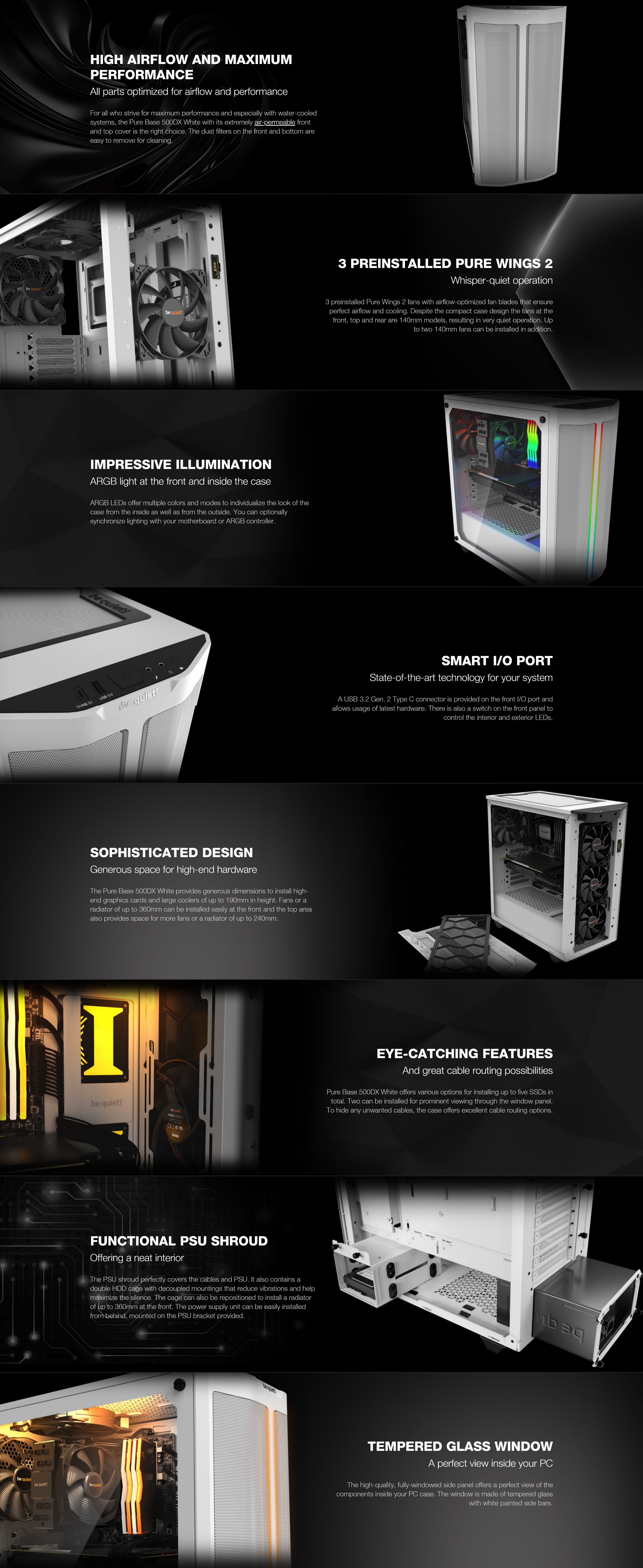 A large marketing image providing additional information about the product be quiet! PURE BASE 500DX TG Mid Tower Case - White - Additional alt info not provided