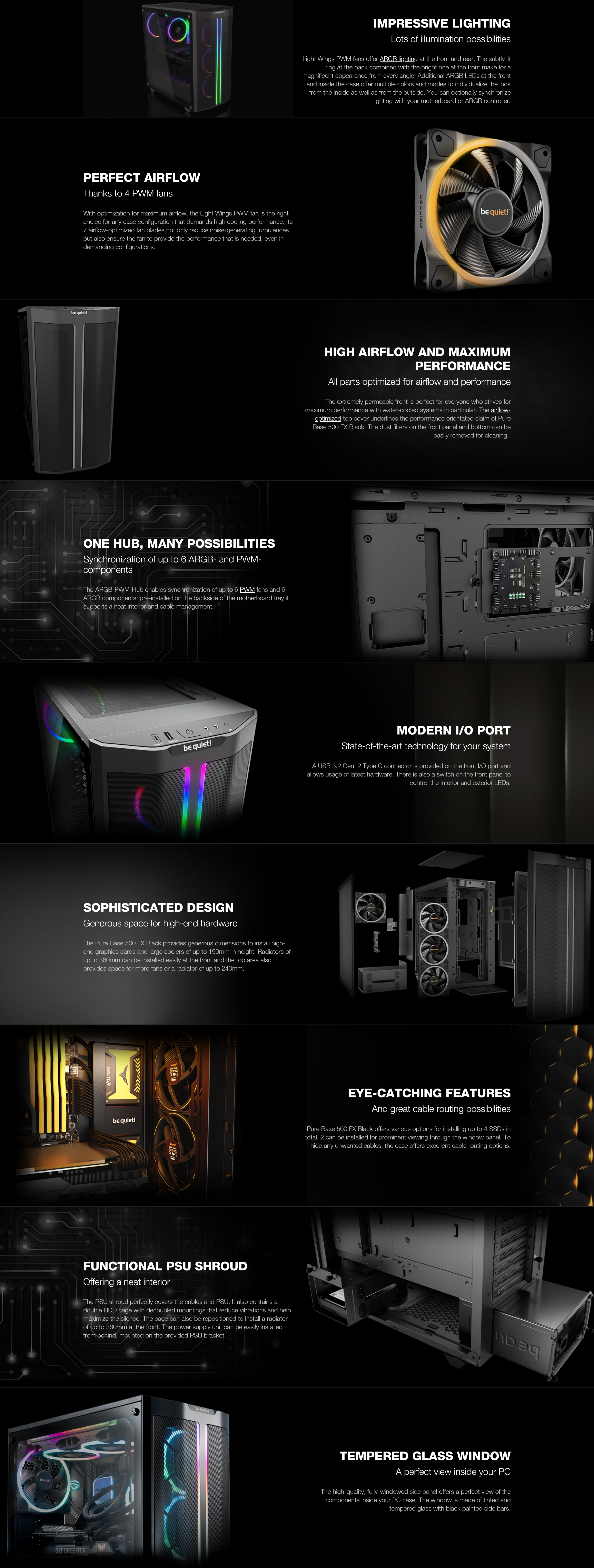 A large marketing image providing additional information about the product be quiet! PURE BASE 500FX TG Mid Tower Case - Black - Additional alt info not provided