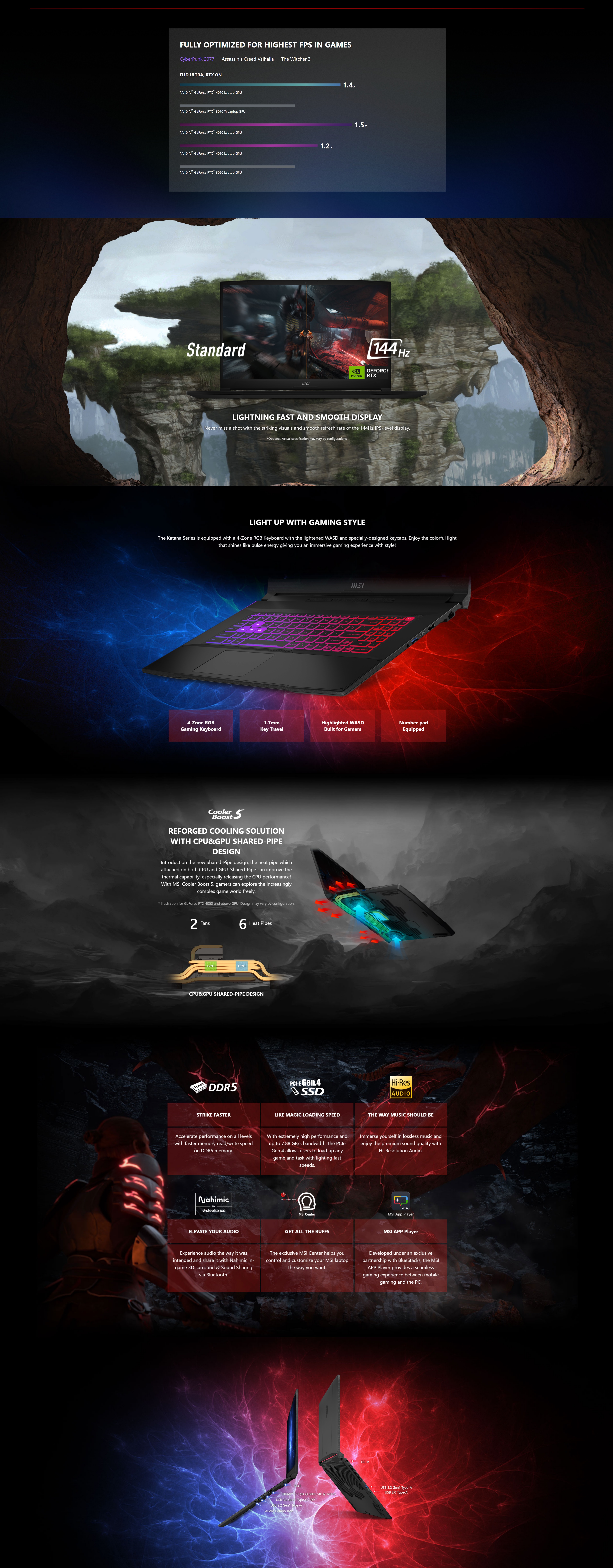A large marketing image providing additional information about the product MSI Katana 17 (B13V) - 17.3" 144Hz, 13th Gen i7, RTX 4050,  16GB/512GB - Win 11 Pro Gaming Notebook - Additional alt info not provided